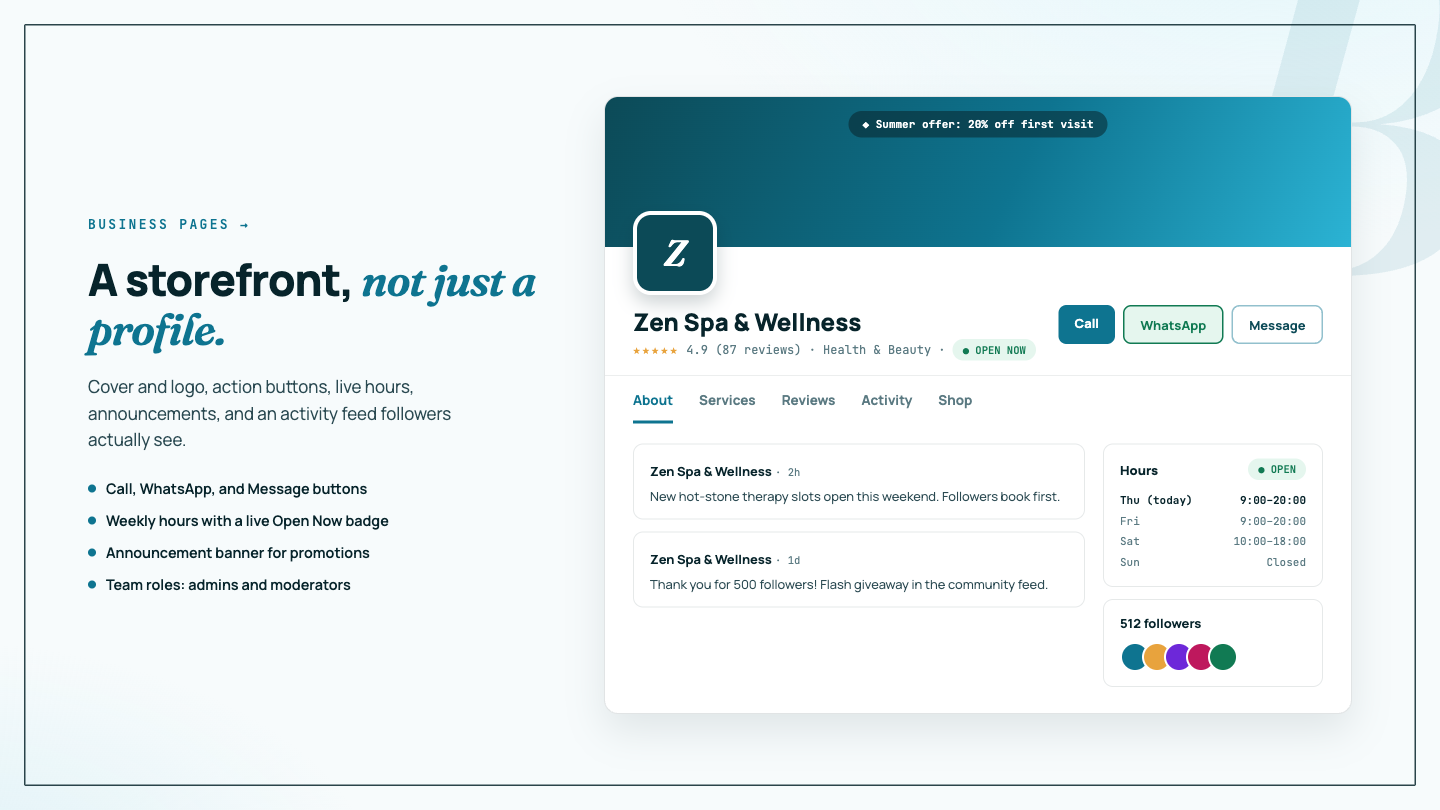Business page with cover, action buttons, live hours, announcement banner, and activity feed