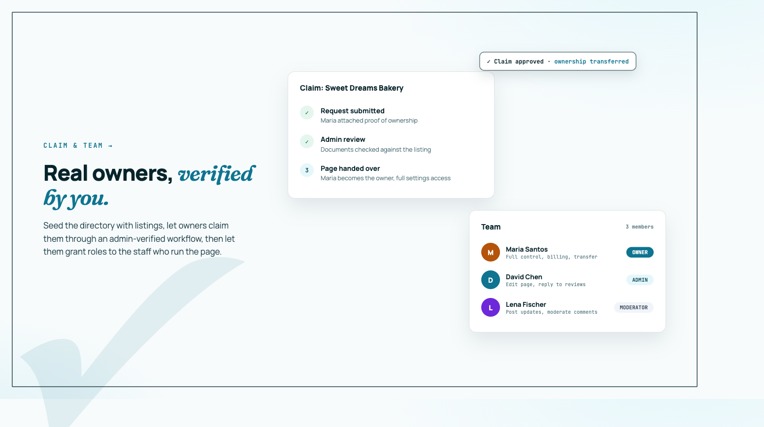 Business claim verification workflow and team roles