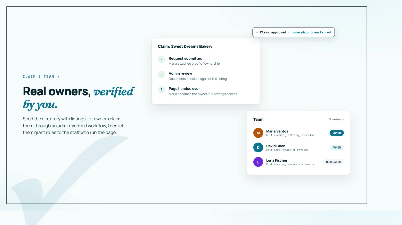 Business claim verification workflow and team roles