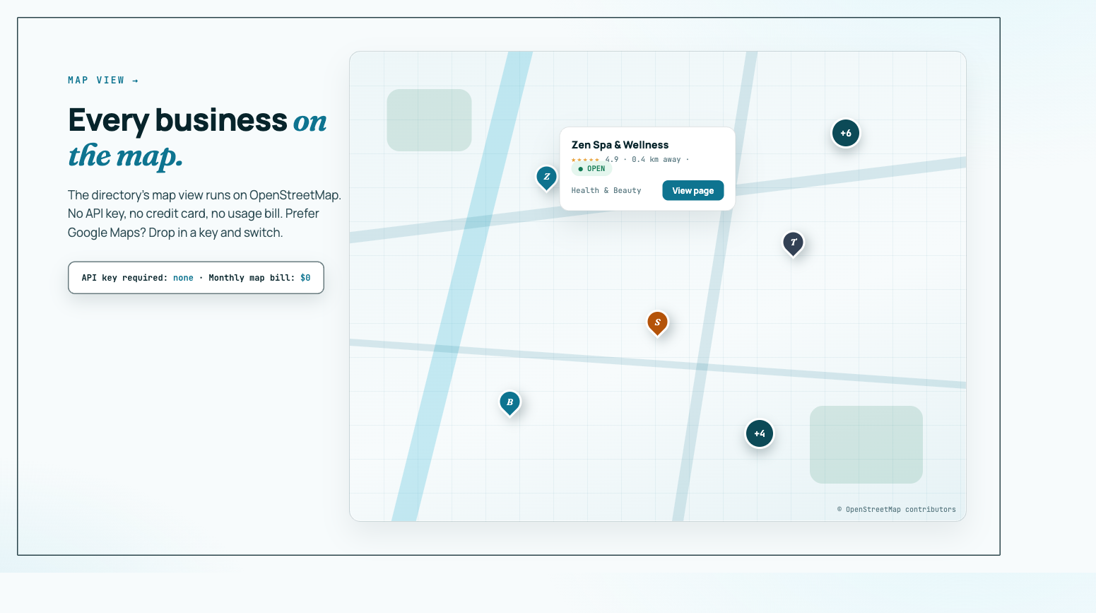 Business directory map view with location pins and business cards