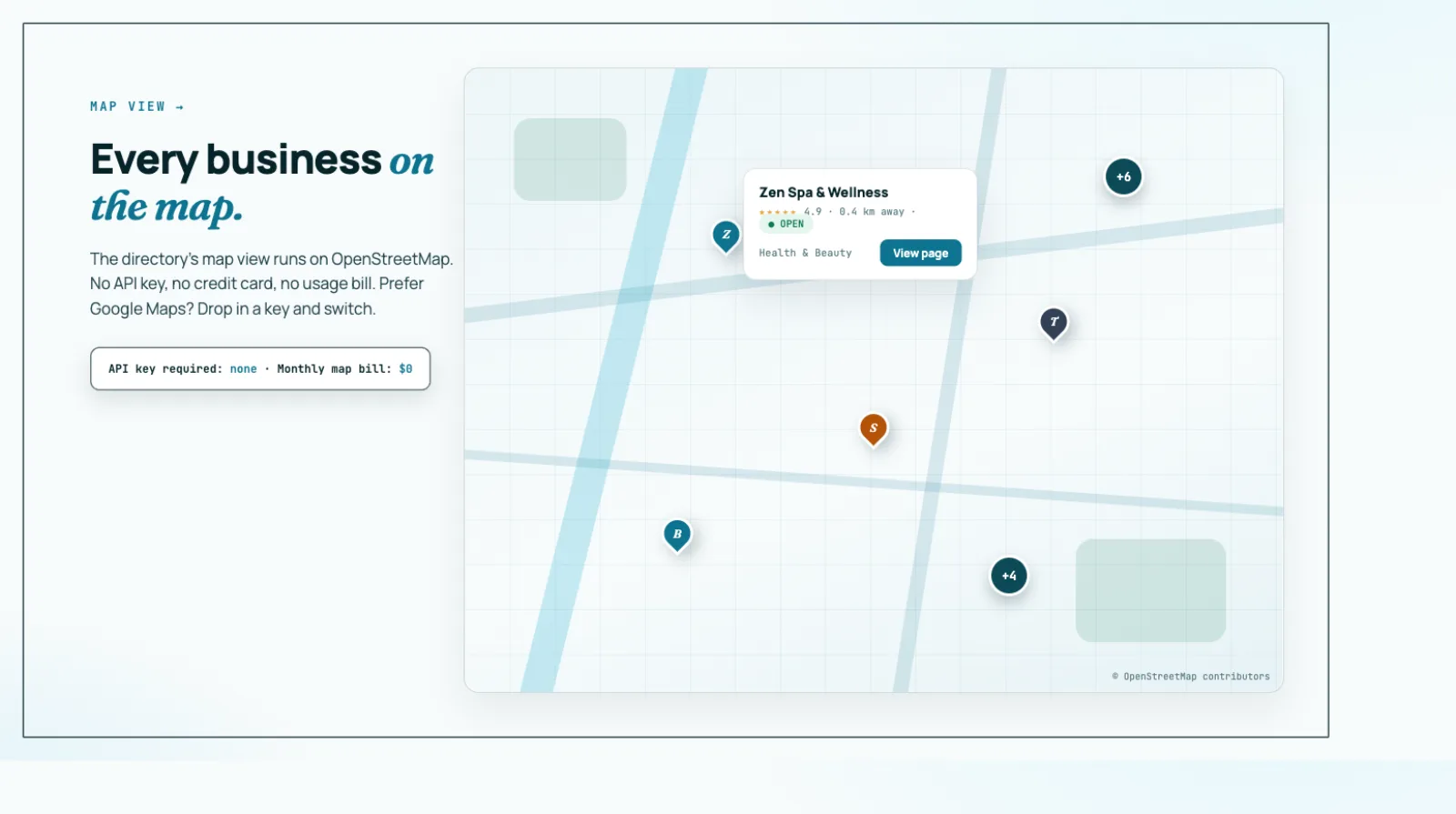 Business directory map view with location pins and business cards