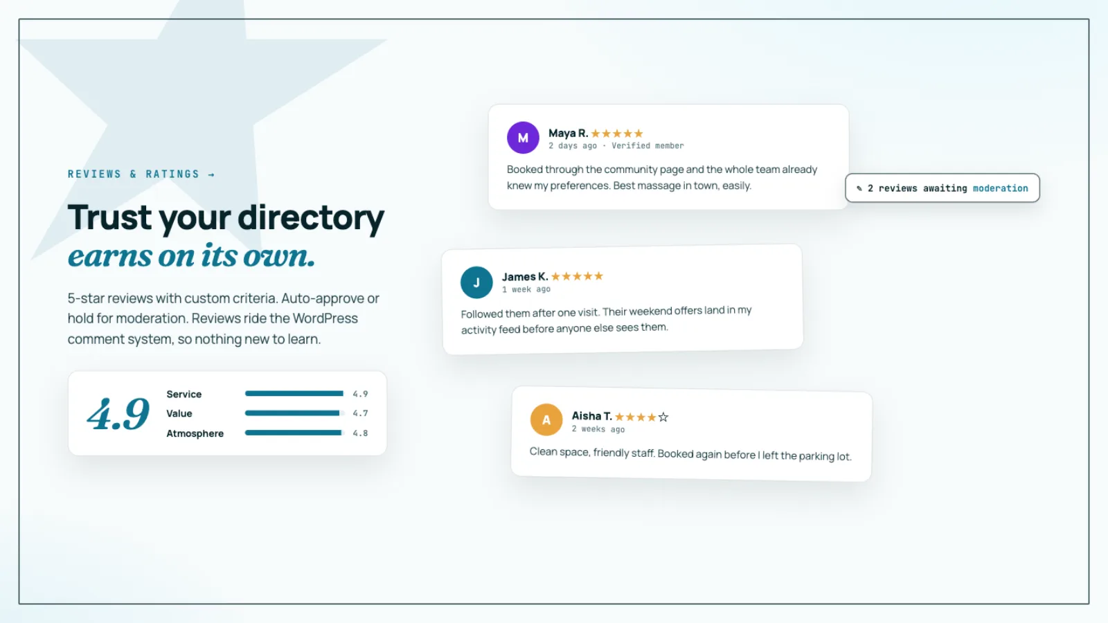 Five-star reviews with per-criteria ratings and a moderation queue