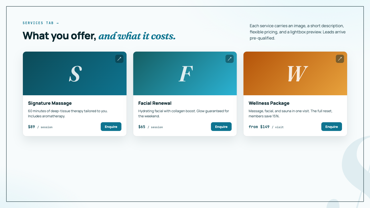 Services with images, descriptions, and flexible pricing