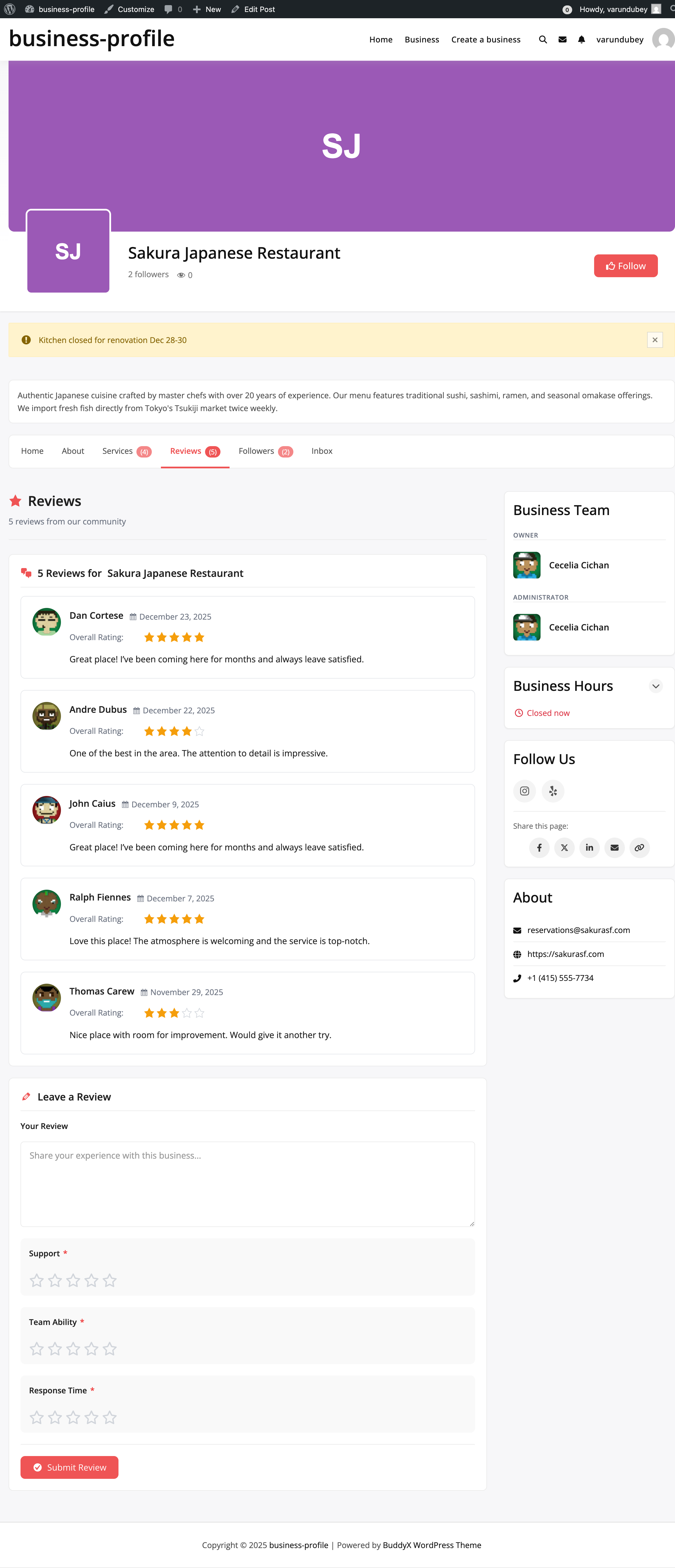 Business Reviews Tab