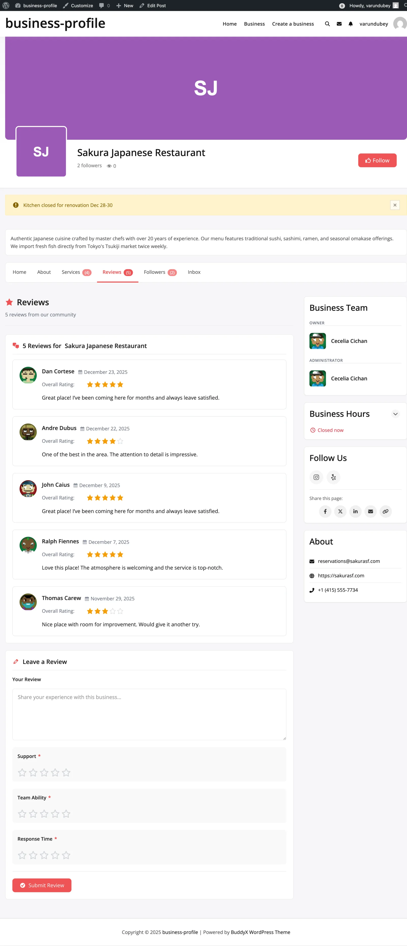 Business Reviews Tab