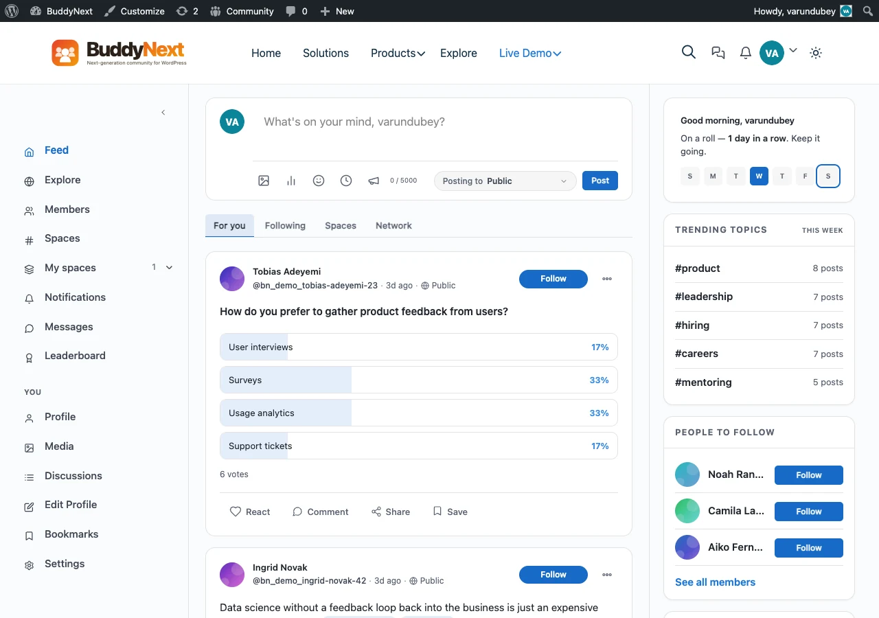Activity feed styled by BuddyX Pro