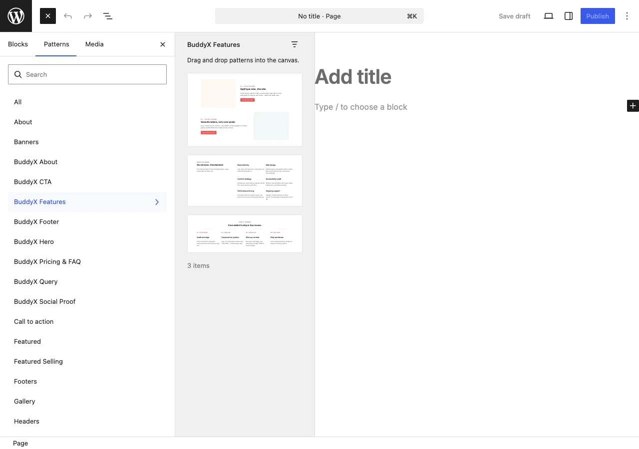 The BuddyX Patterns tab in the WordPress block inserter