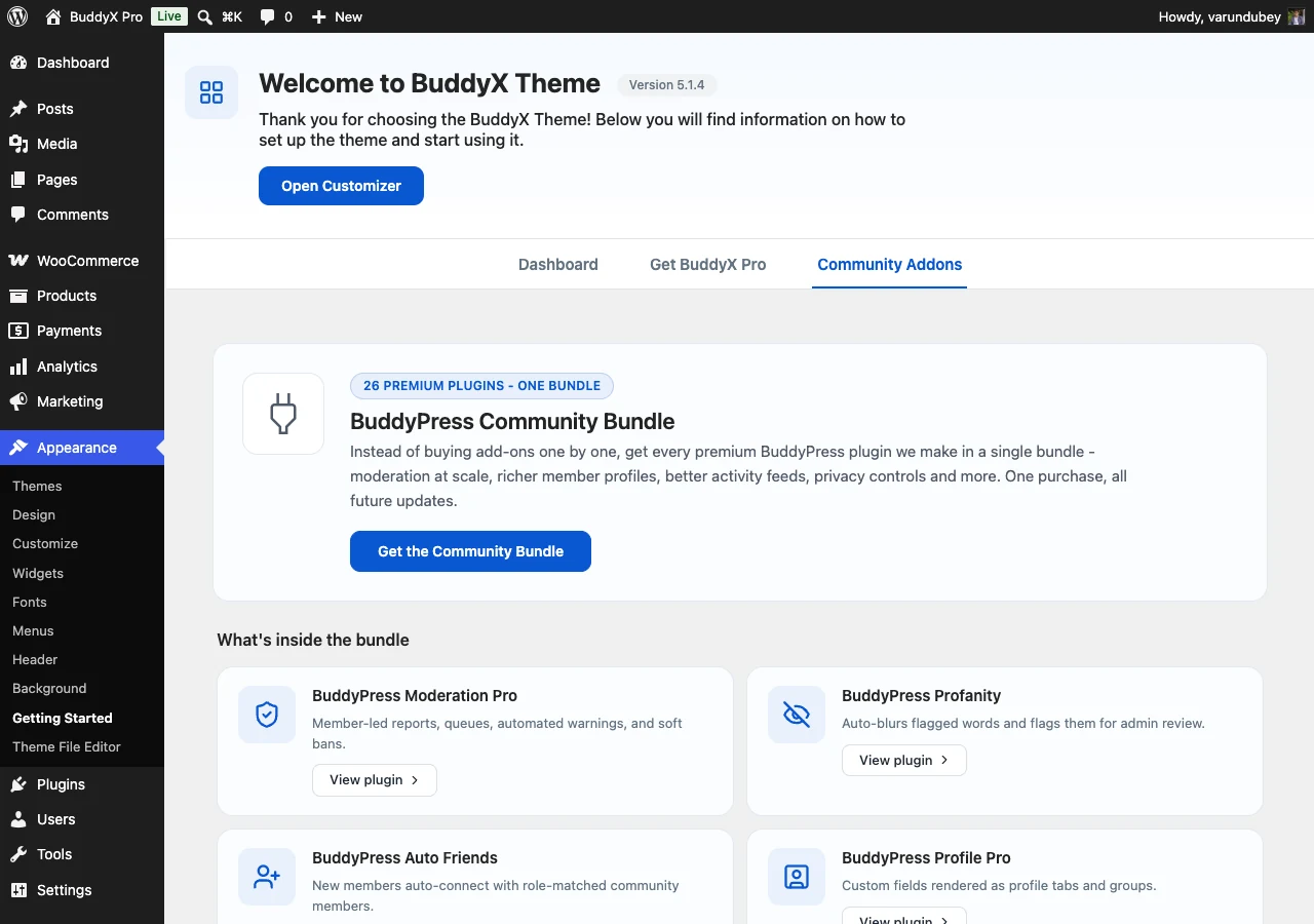 BuddyPress Community Bundle add-ons running on a BuddyX-powered community