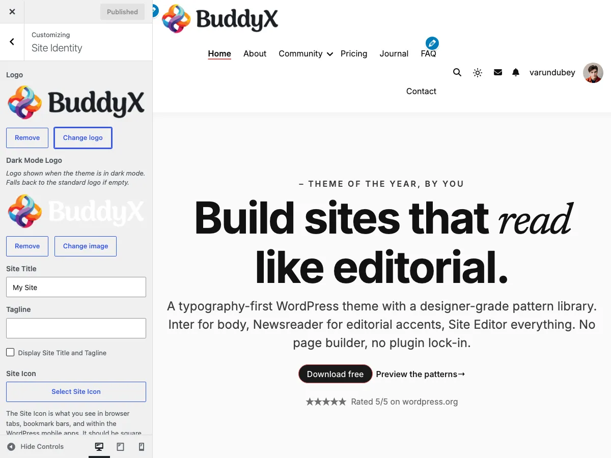 Customizer → Site Identity panel showing Logo, Dark Mode Logo, Site Title, Tagline, and Site Icon fields