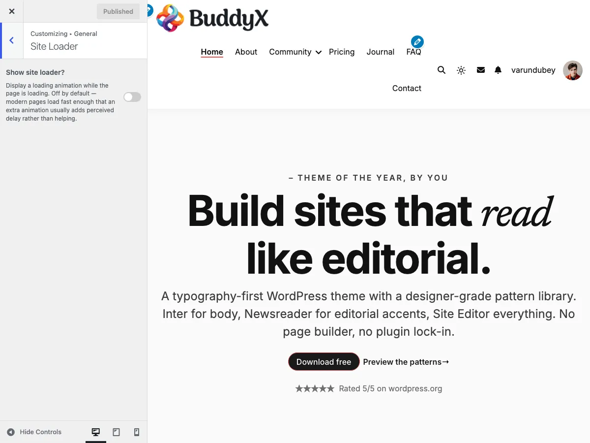 Customizer Site Loader section showing Show site loader = OFF (5.1.0 default)