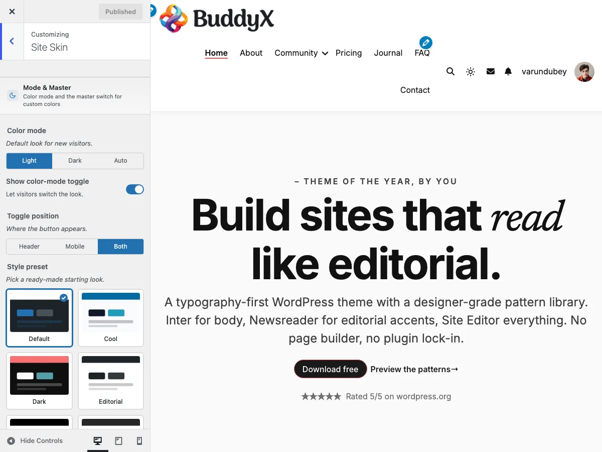 Customizer → Site Skin section showing Color mode (Light/Dark/Auto), Show color-mode toggle, Toggle position, and the 8-preset Style picker