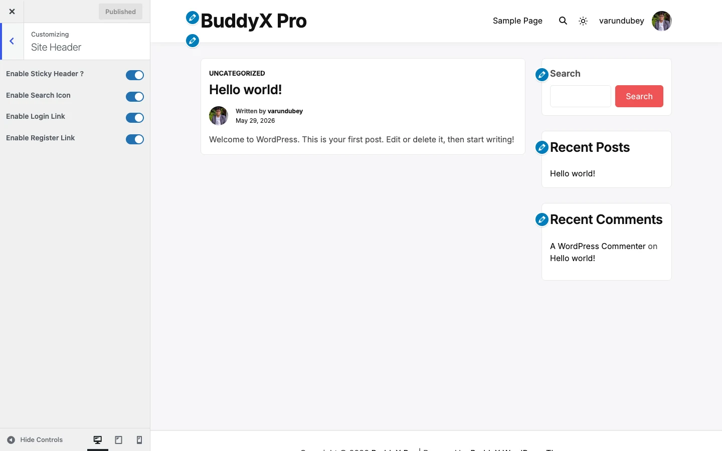 Site Header controls
