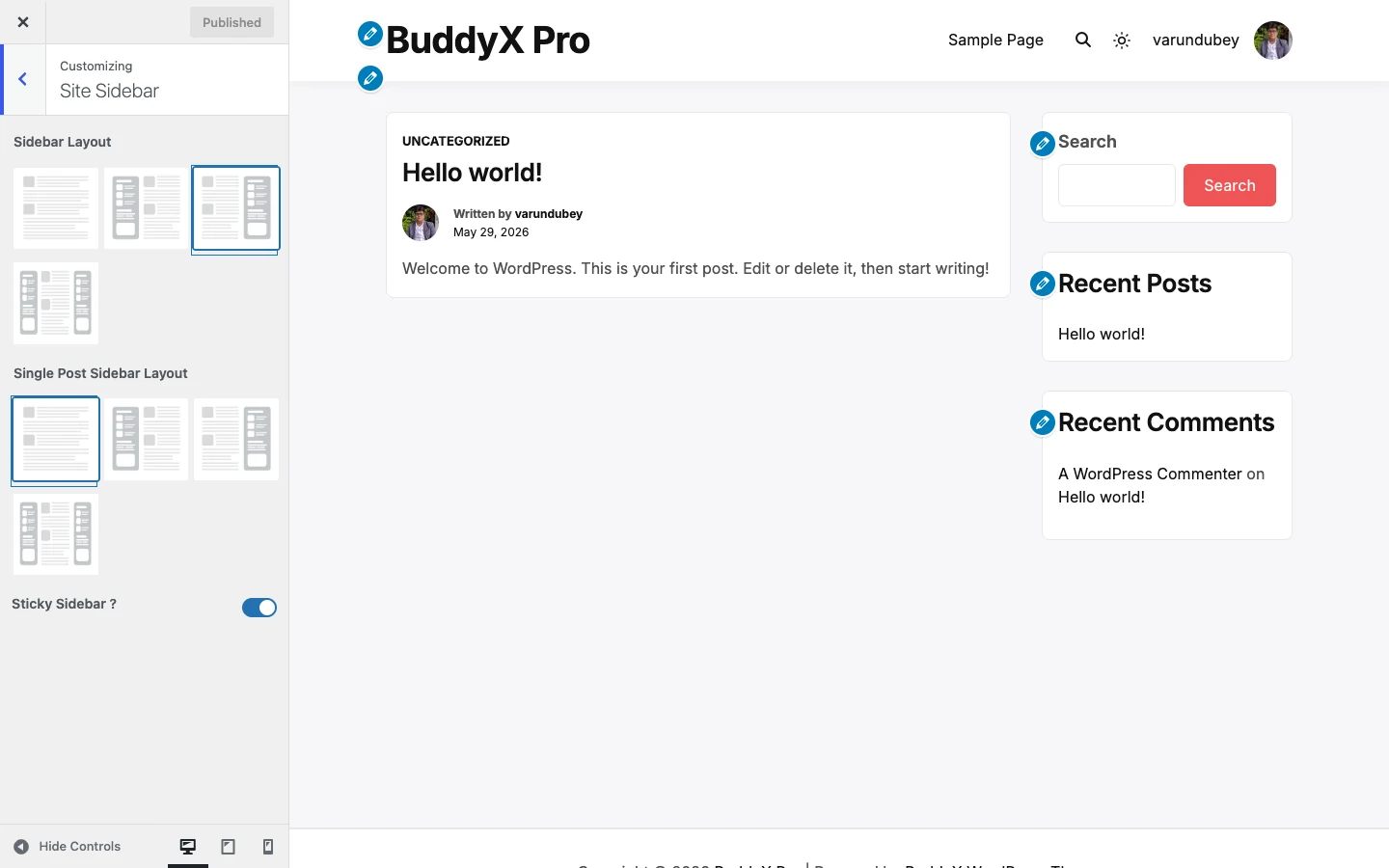 Site Sidebar controls