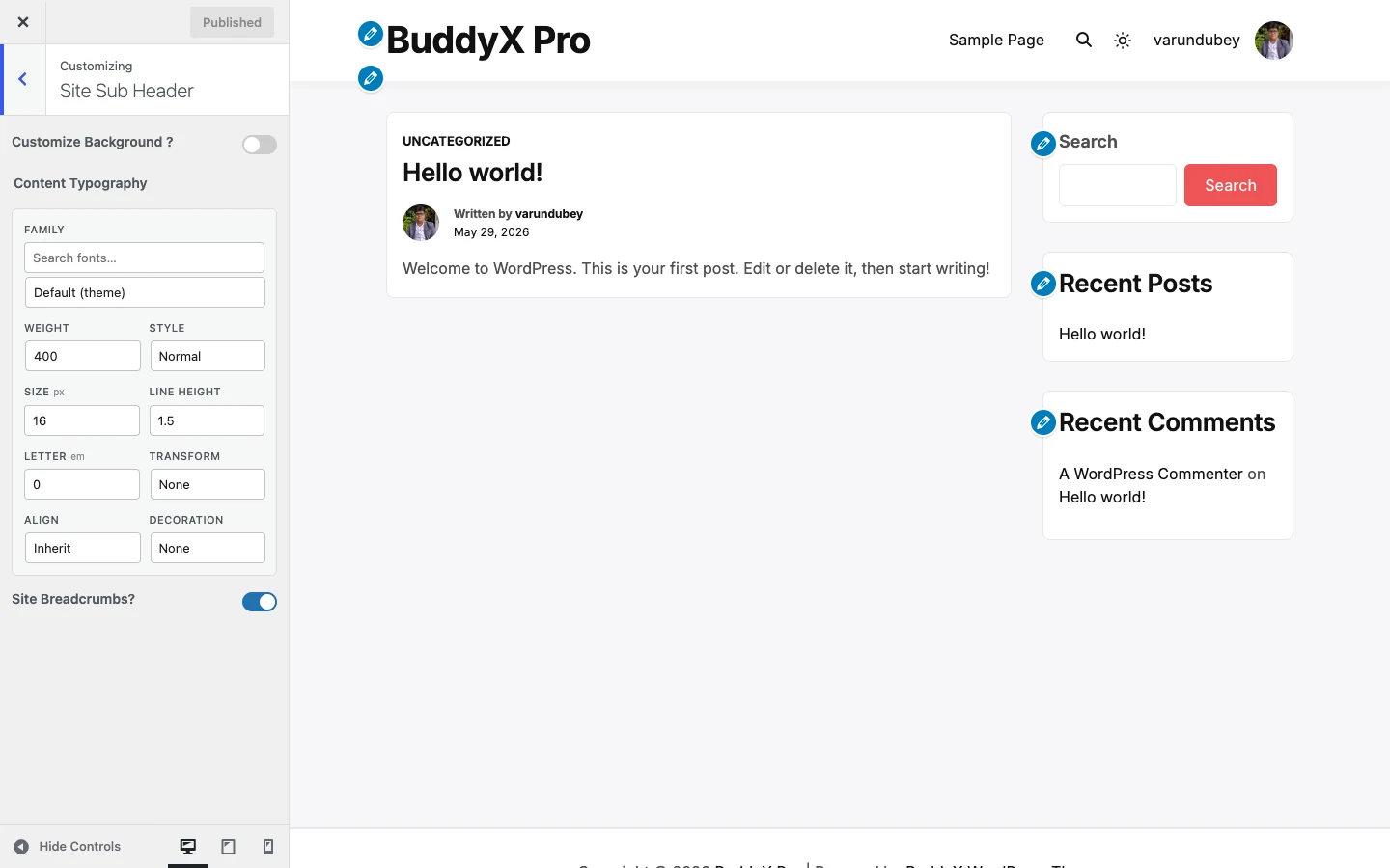Sub Header controls