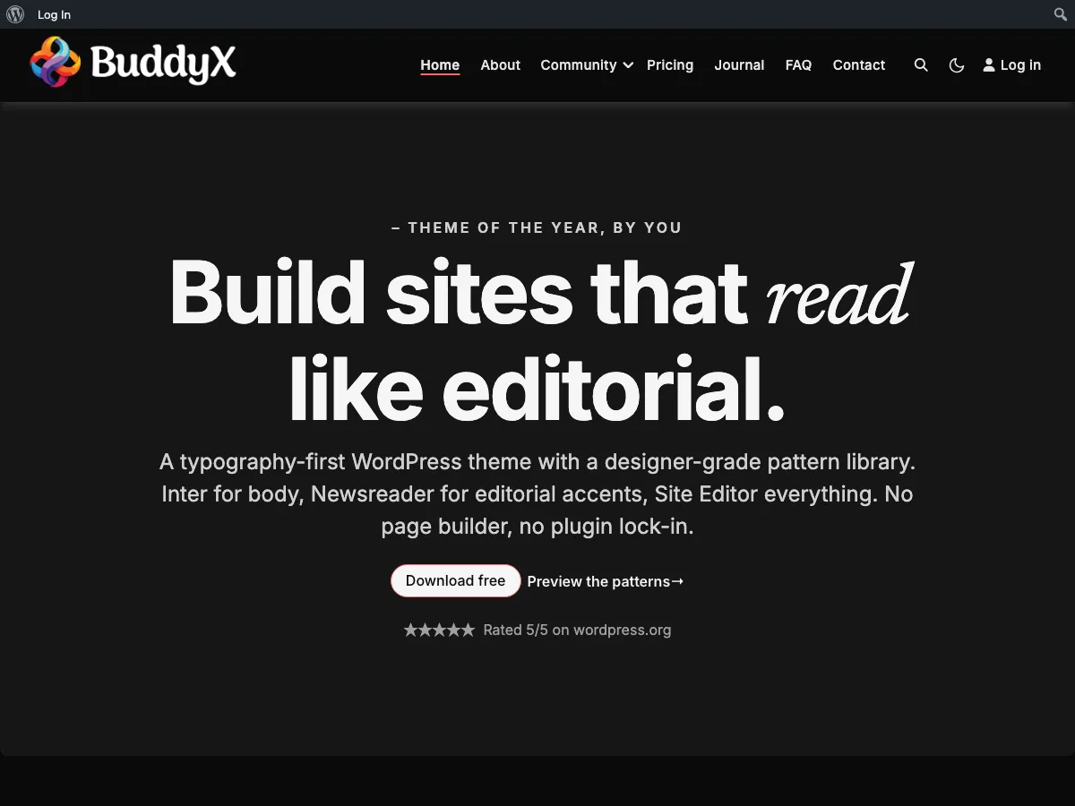 Same home page rendered in dark mode after toggle click - moon icon now shown in header, FOUC-free first paint