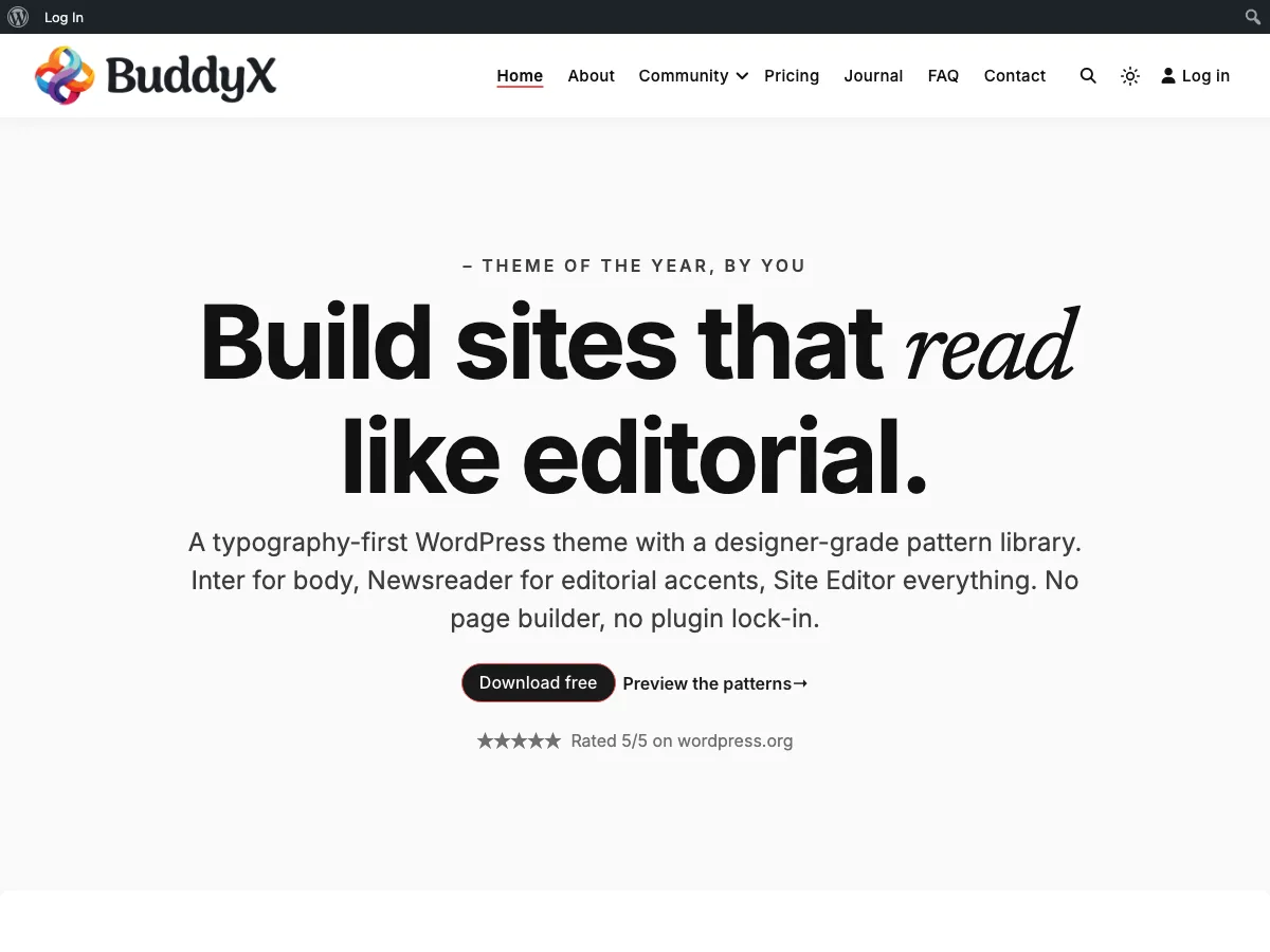 Front-end home page in light mode with sun toggle icon visible in the header
