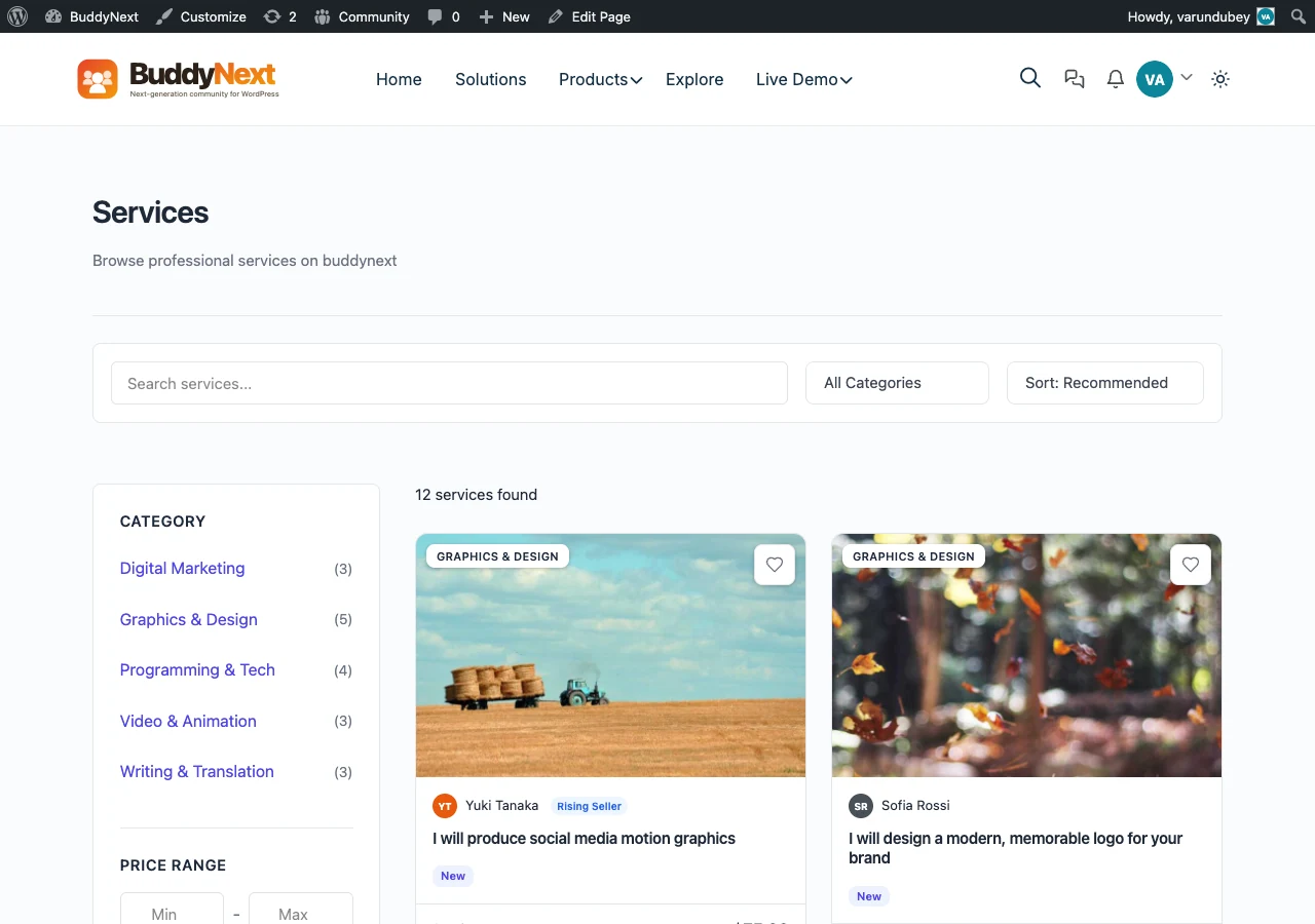 Services marketplace styled by BuddyX