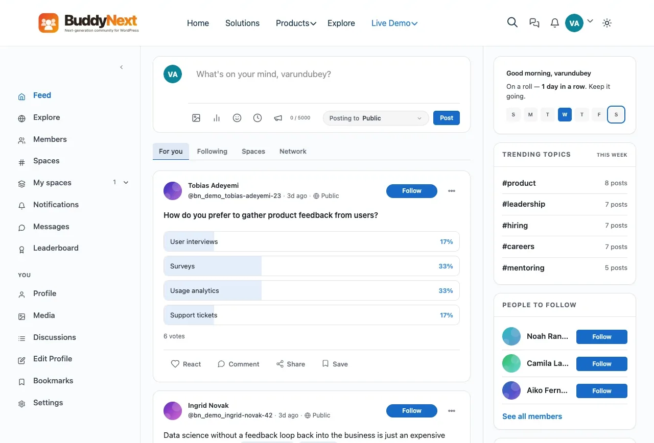 A community feed styled by BuddyX: composer, posts with a poll, trending topics and people to follow