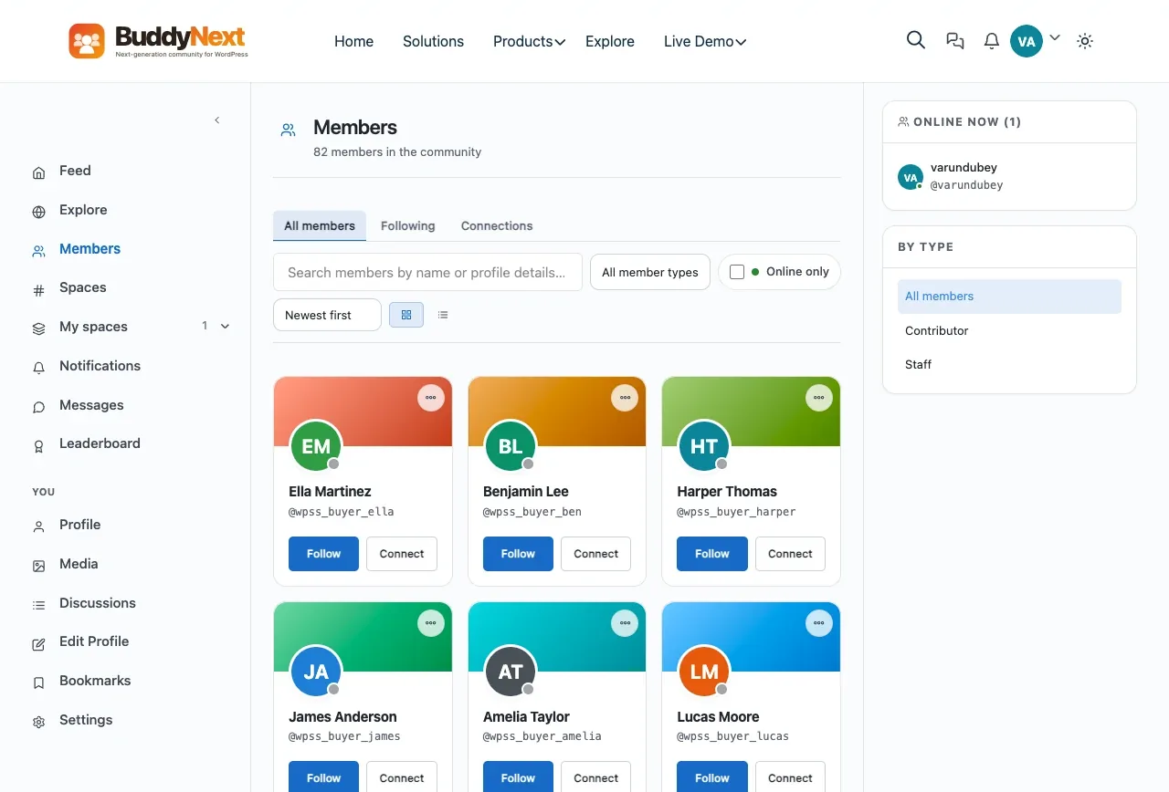 A member directory styled by BuddyX: search, filters and member cards with follow buttons