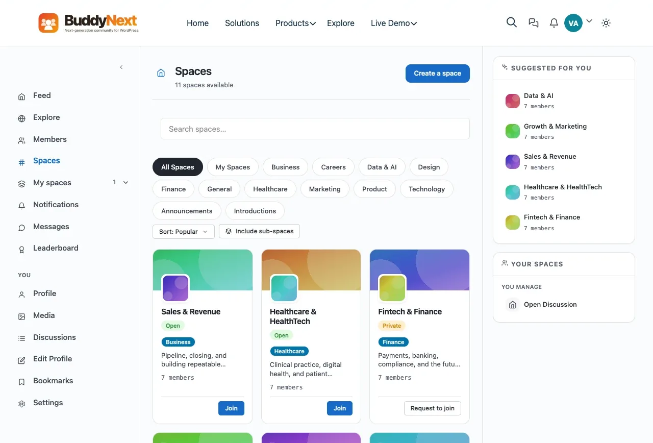 A spaces directory styled by BuddyX: category filters and space cards with join buttons