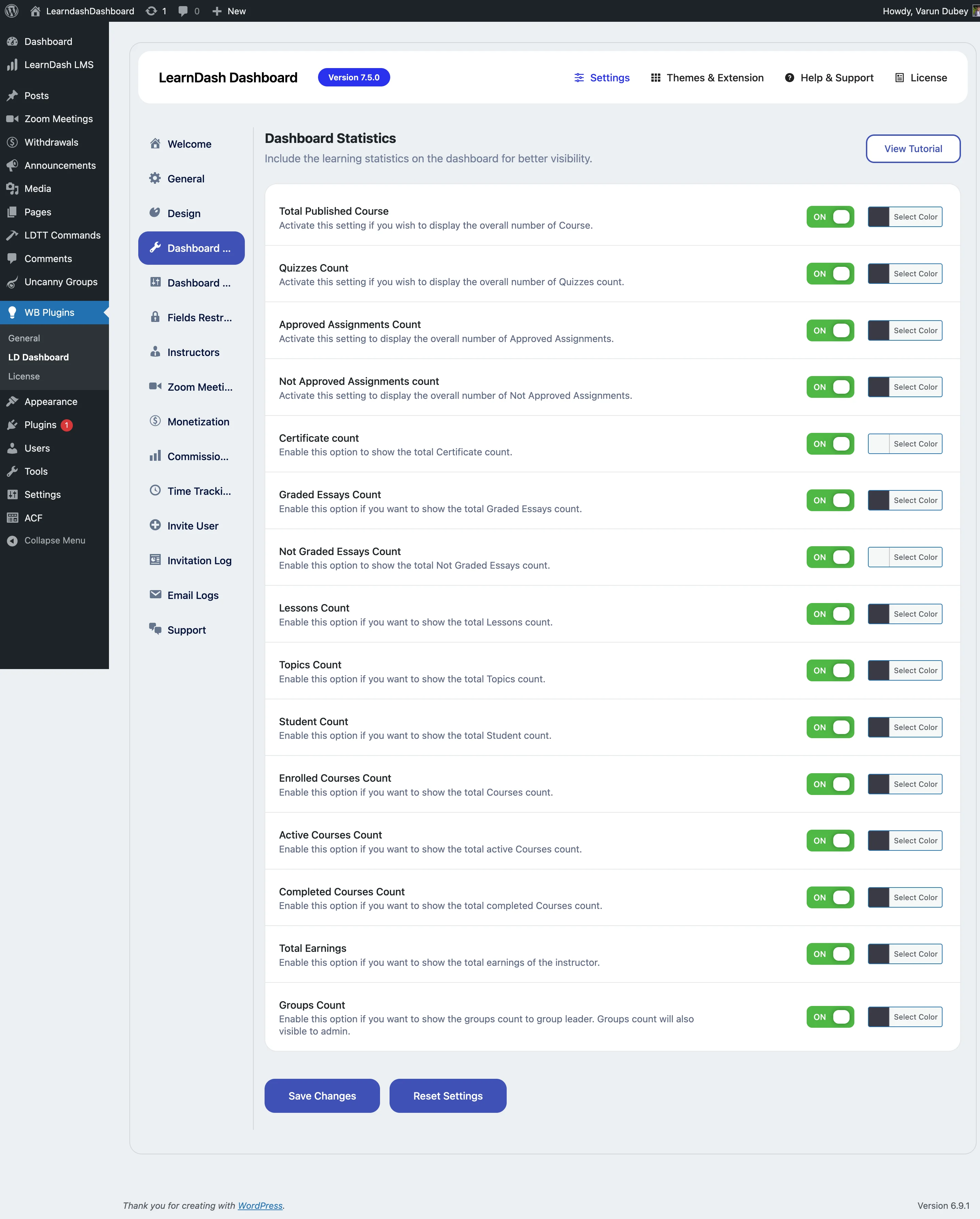 Admin Dashboard Statistics Settings