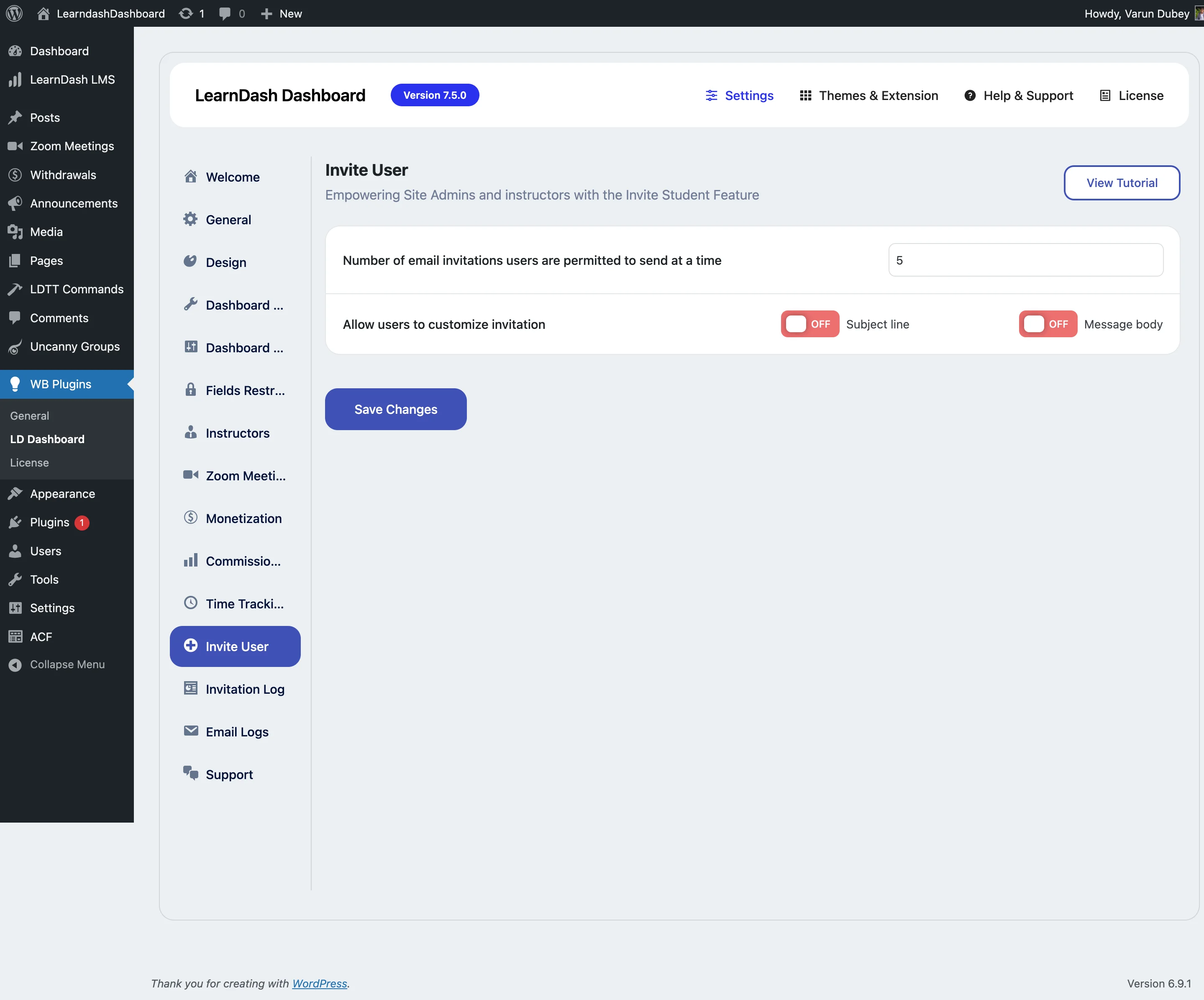Admin Invite User Settings