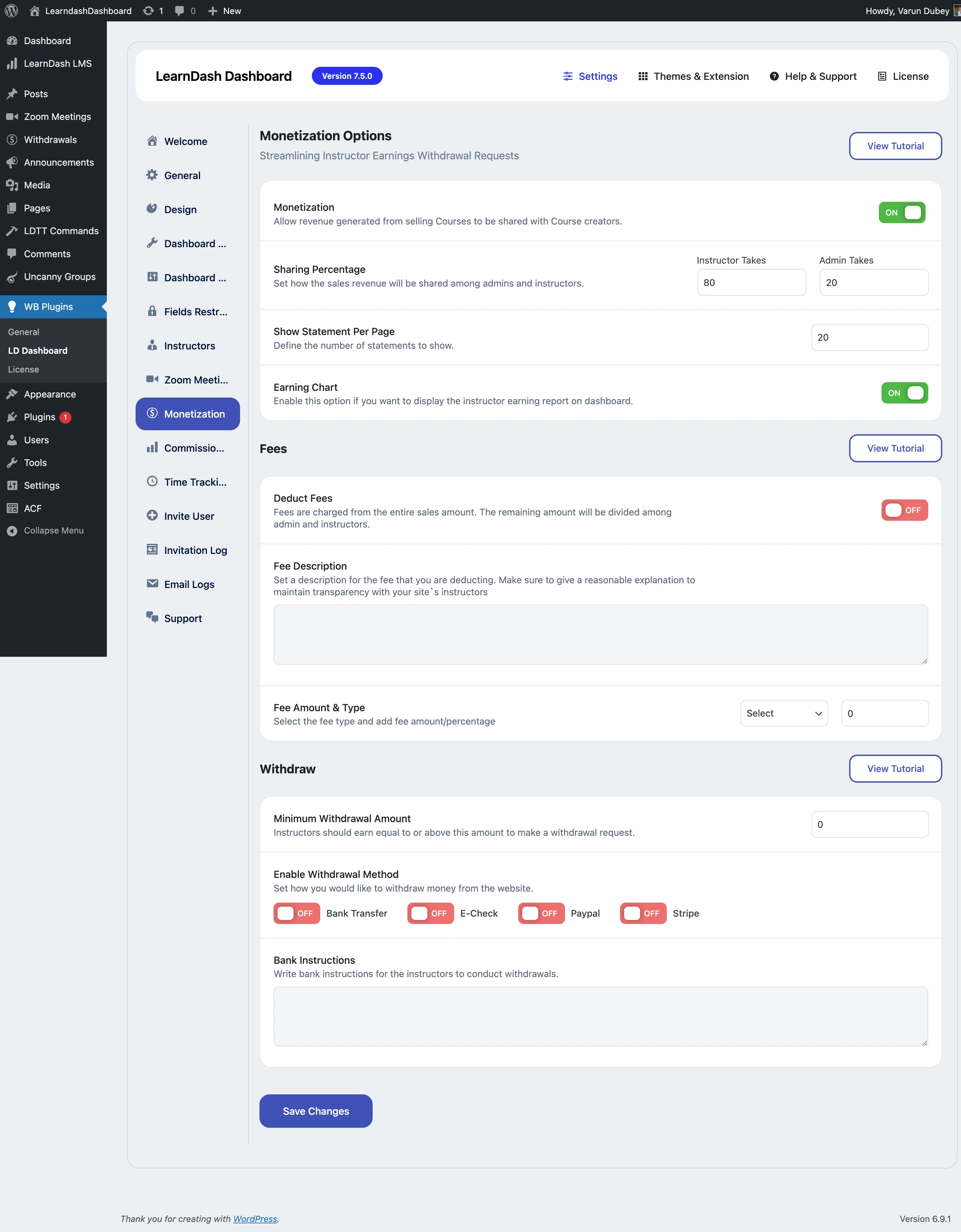 Admin Monetization Settings