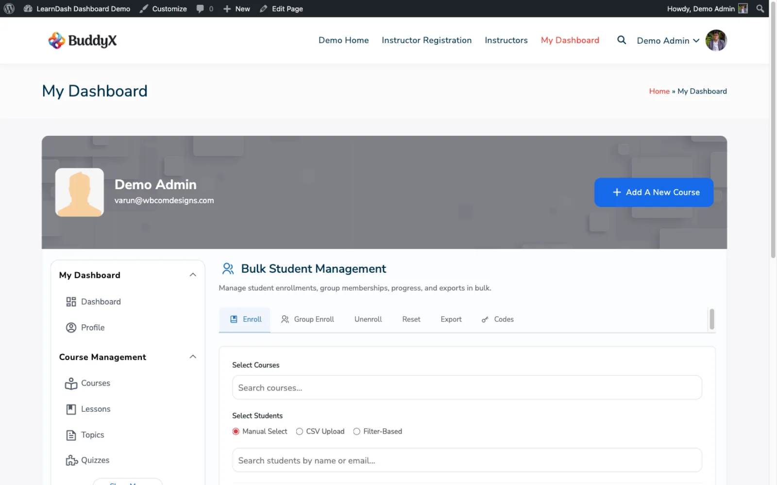 Bulk Student Management interface with Enroll, Group Enroll, Unenroll, Reset, Export, and Codes sub-tabs