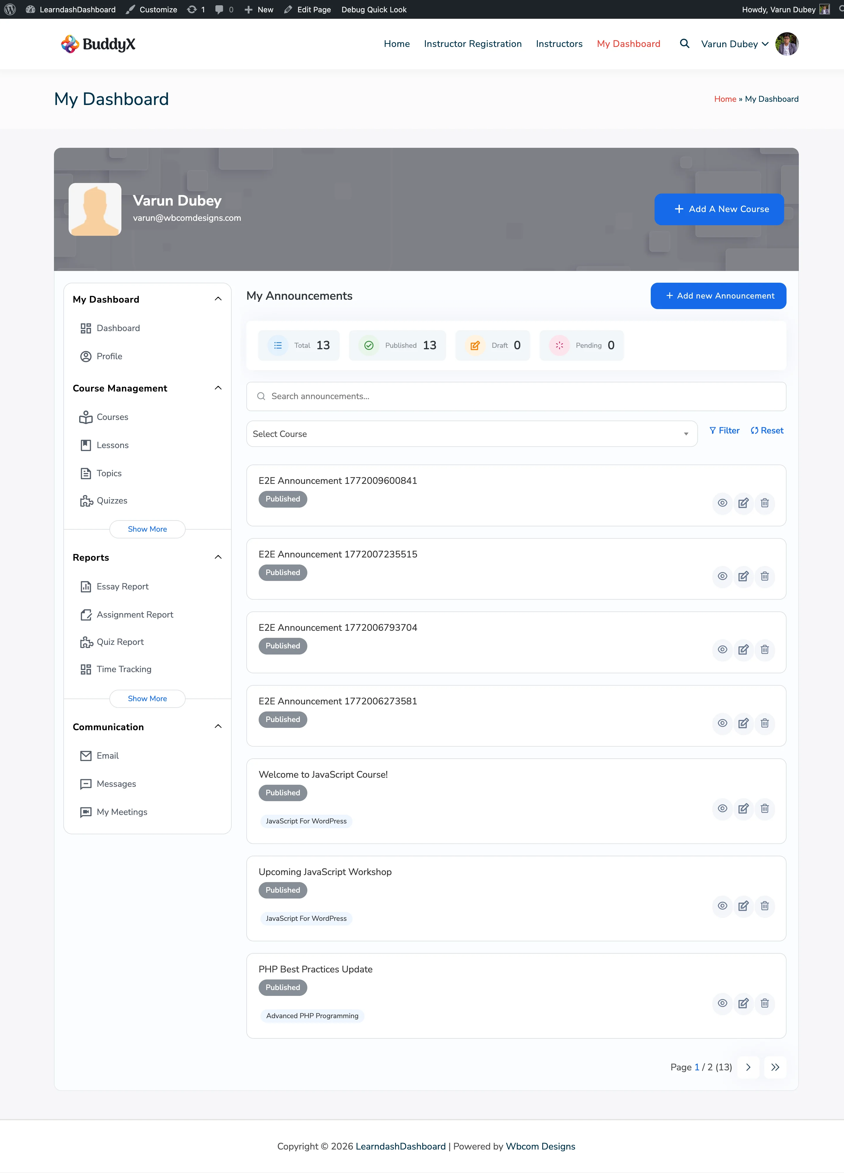 Admin Announcements Listing