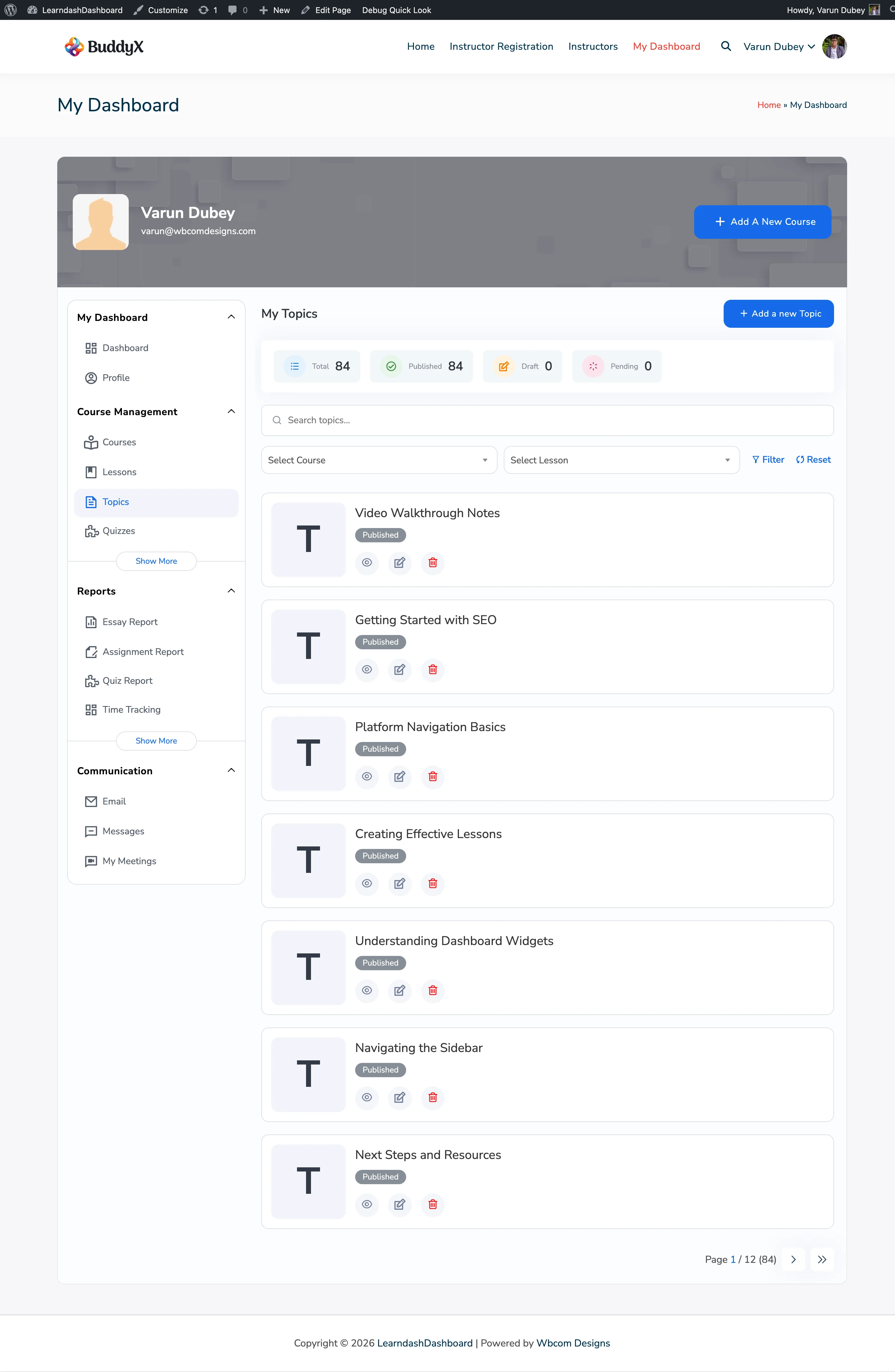 Admin Topics Listing