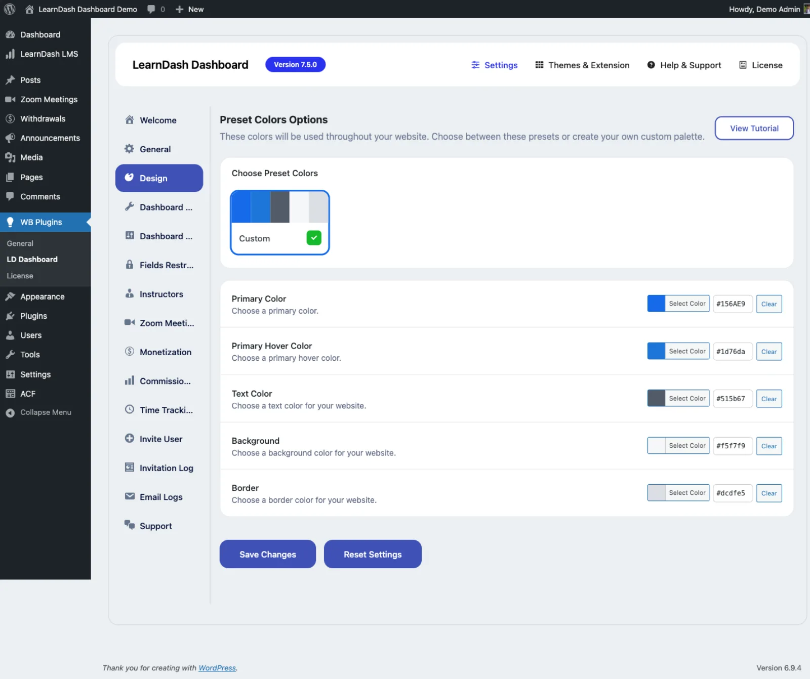 Design settings screen