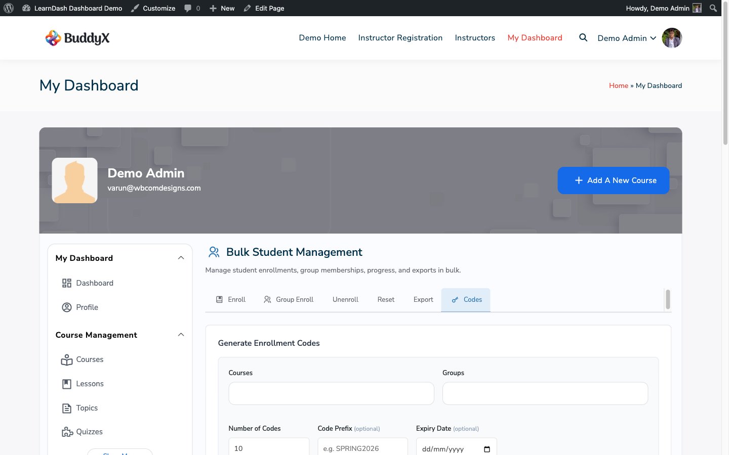 Enrollment codes panel