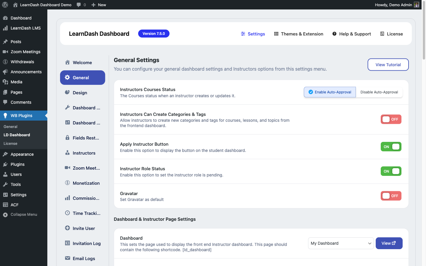 General settings screen