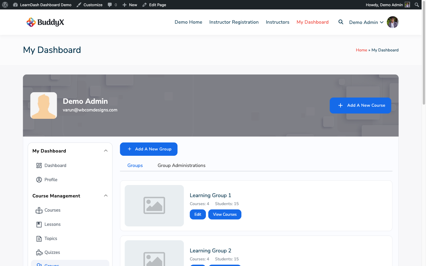 Groups tab showing group cards with course count, student count, and edit options