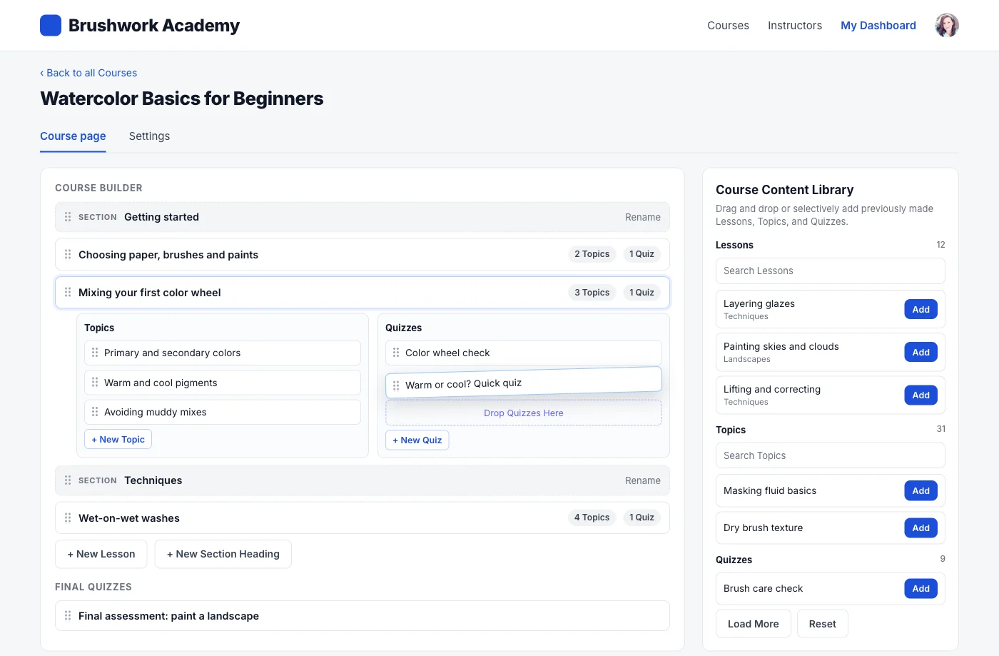 Illustrative mockup of the Dashboard for LearnDash course builder with sections, lessons, topics, quizzes and the Course Content Library
