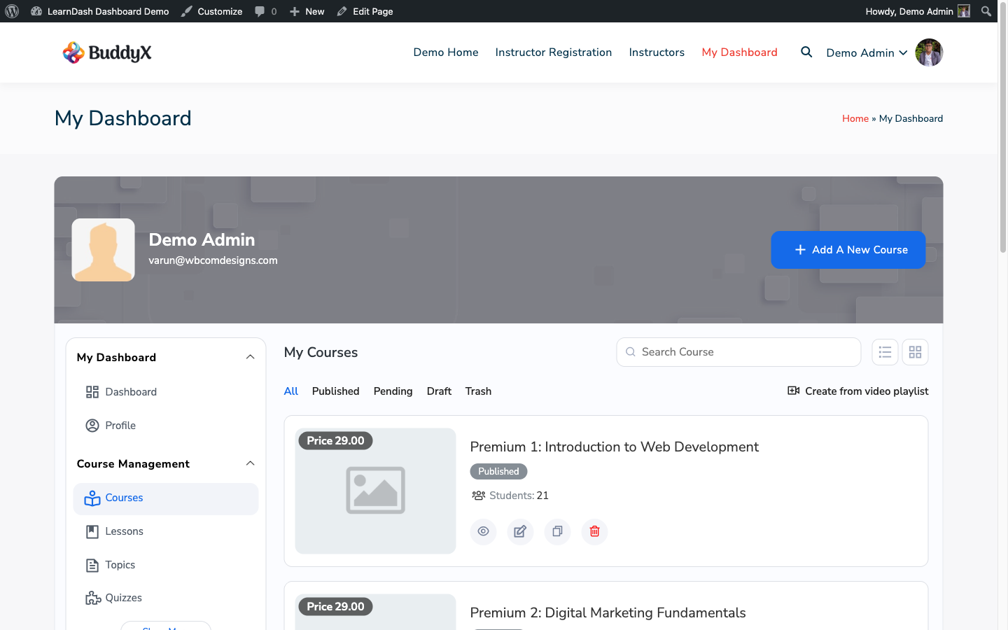 Dashboard for LearnDash instructor dashboard showing courses, students, and earnings