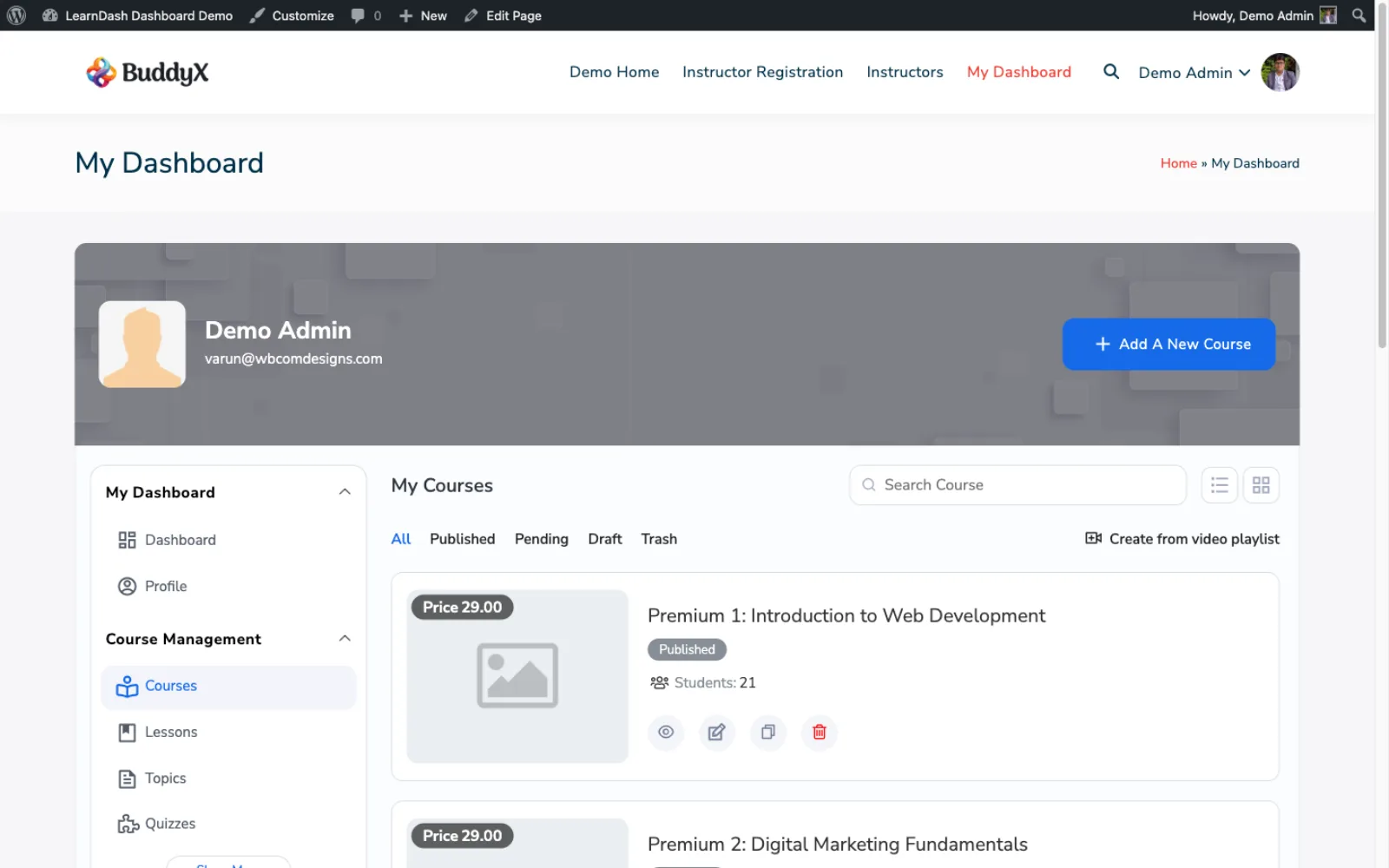 Dashboard for LearnDash instructor dashboard showing courses, students, and earnings