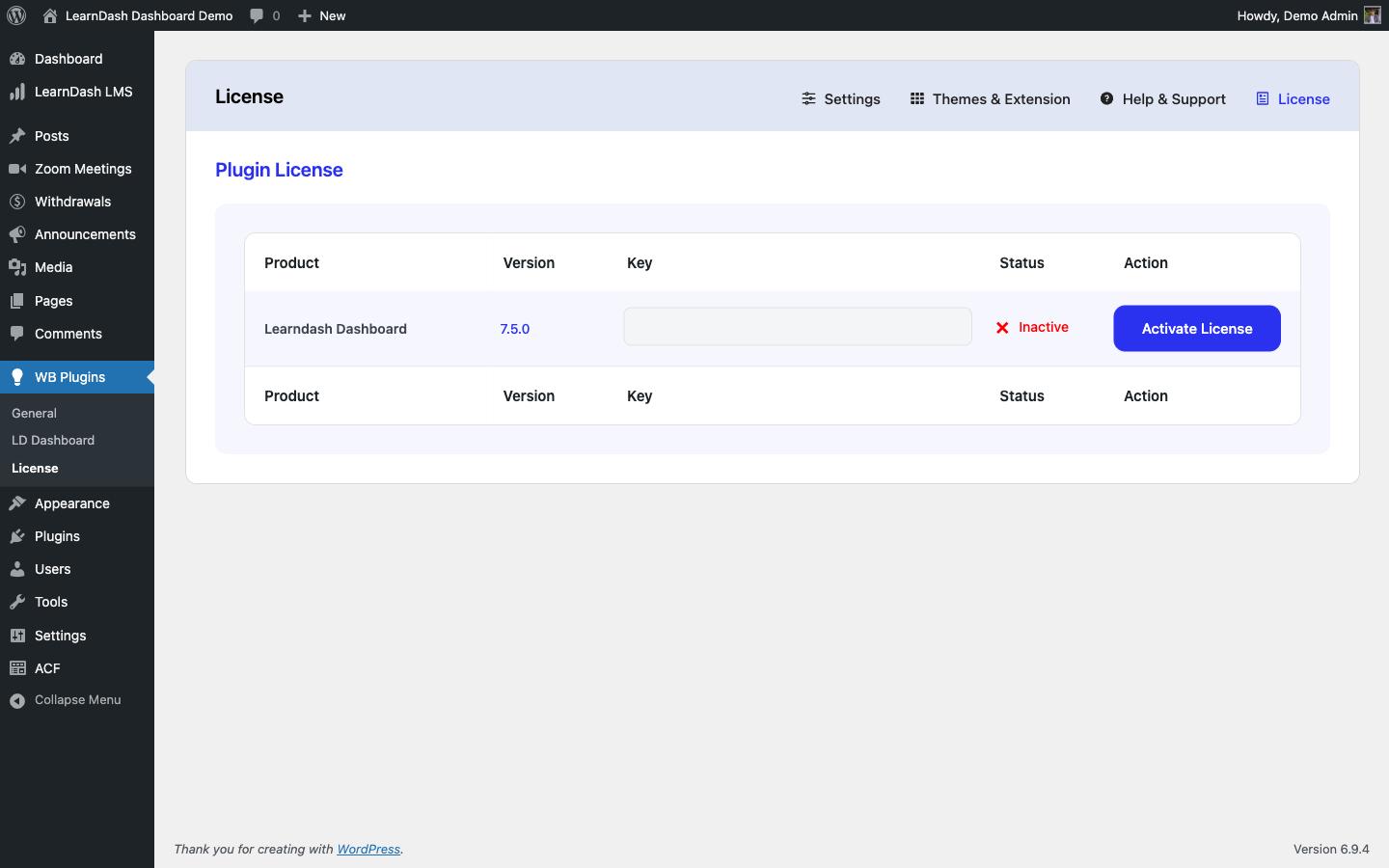License settings screen