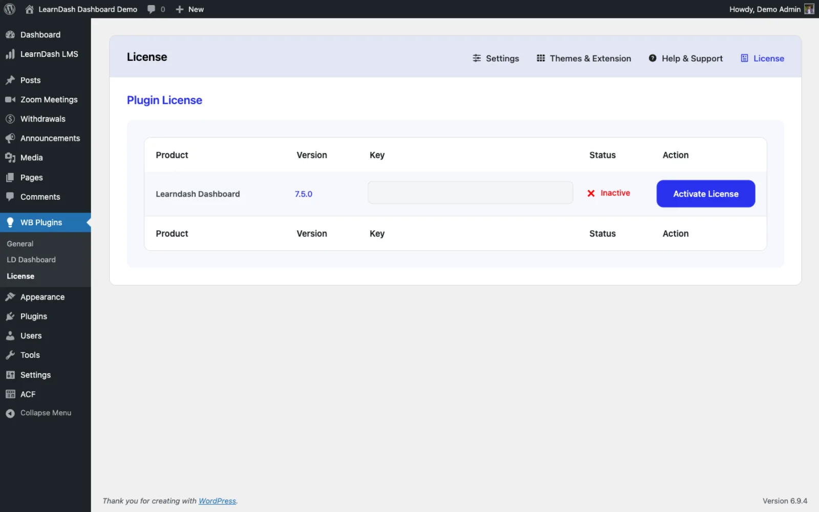 License settings screen