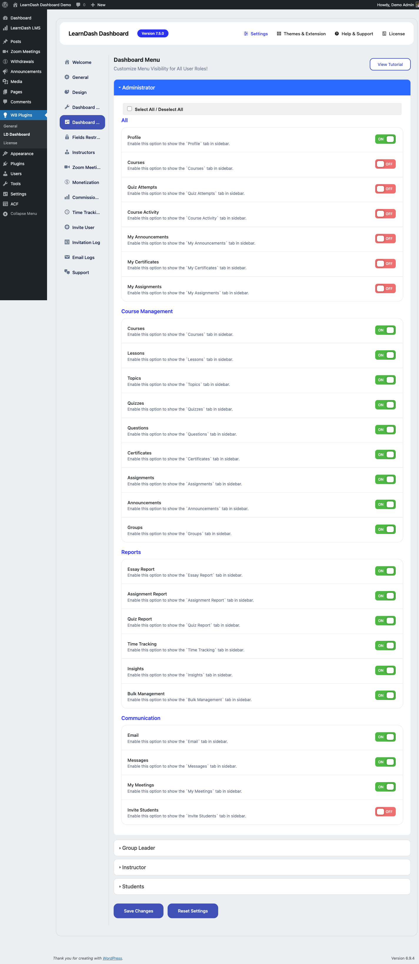Menu settings screen