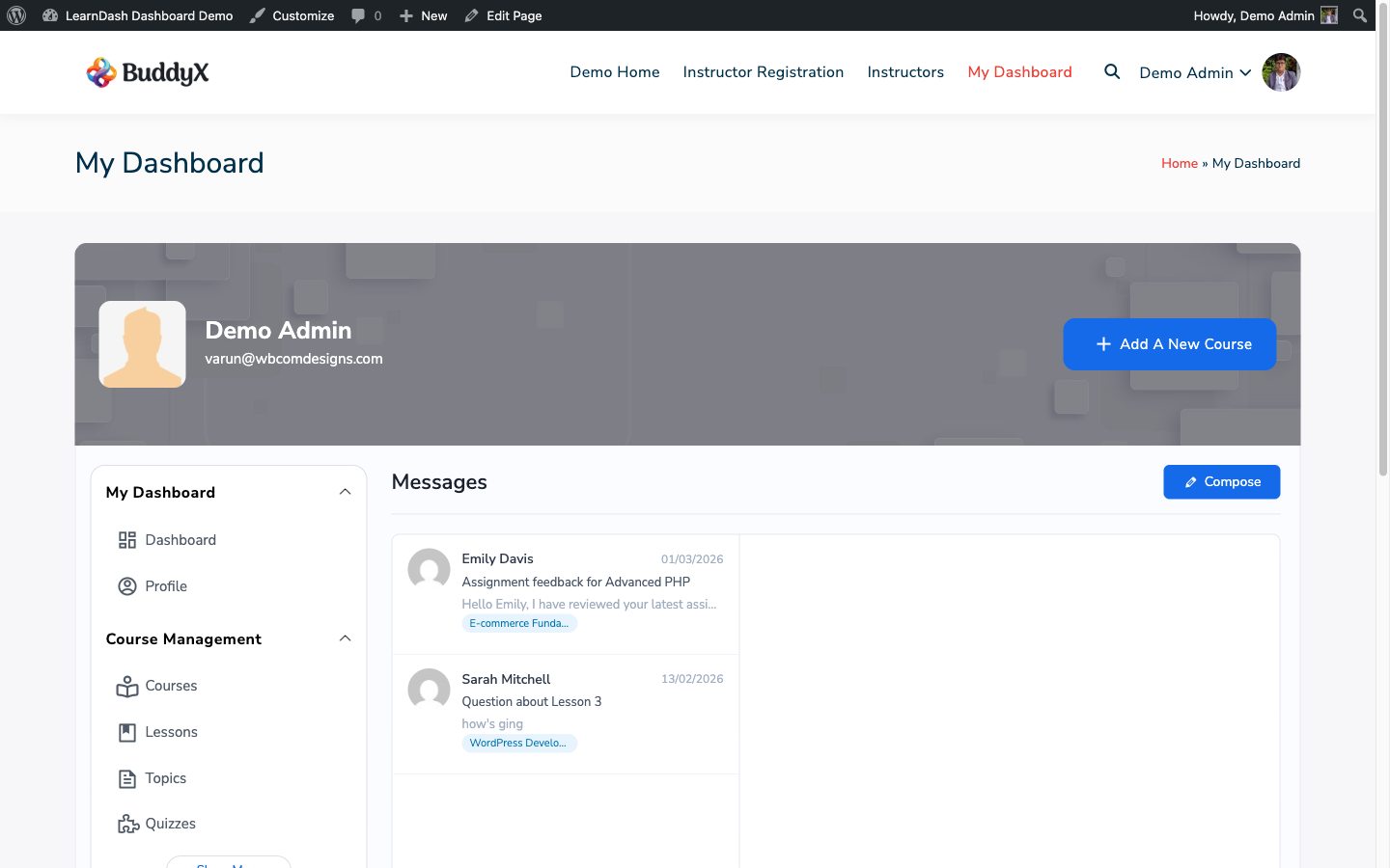 Private Messages inbox showing course-tagged conversations between instructor and students
