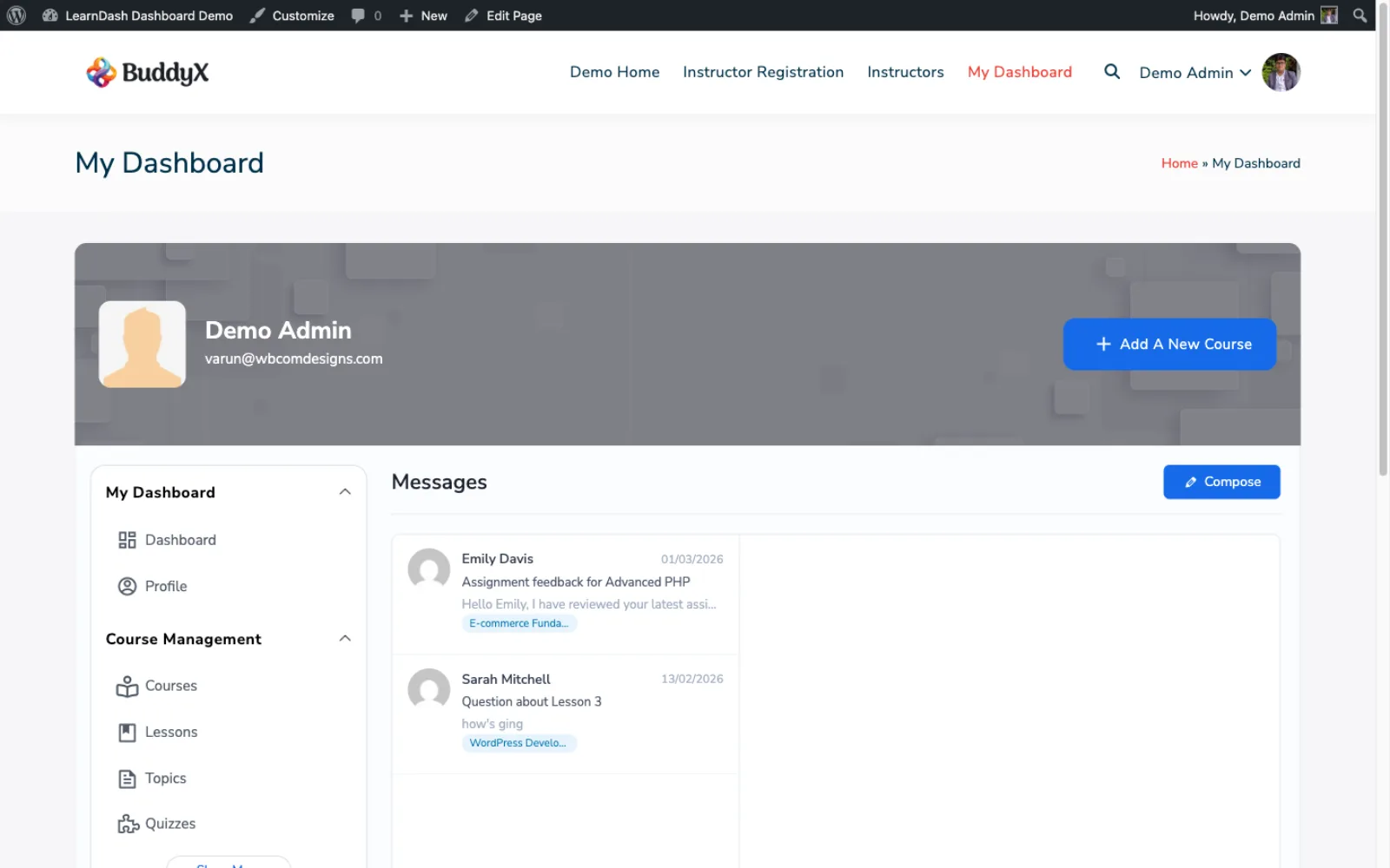 Private Messages inbox showing course-tagged conversations between instructor and students
