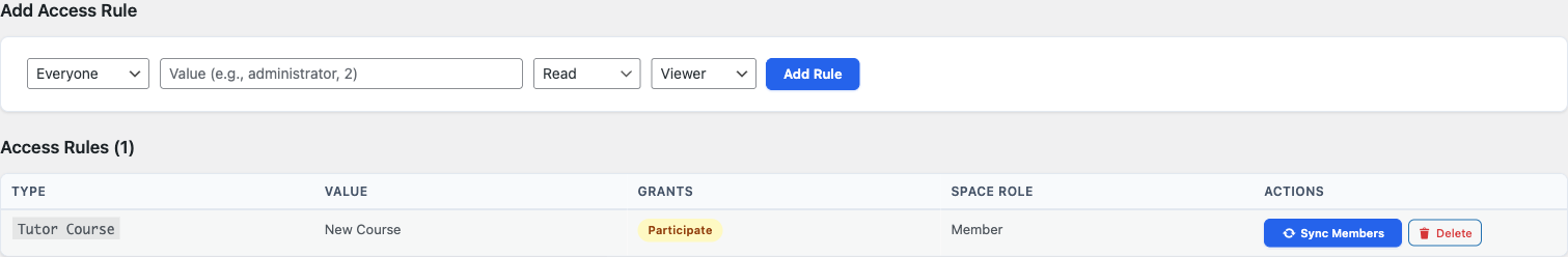 Access rules with Tutor Course rule and Sync Members button