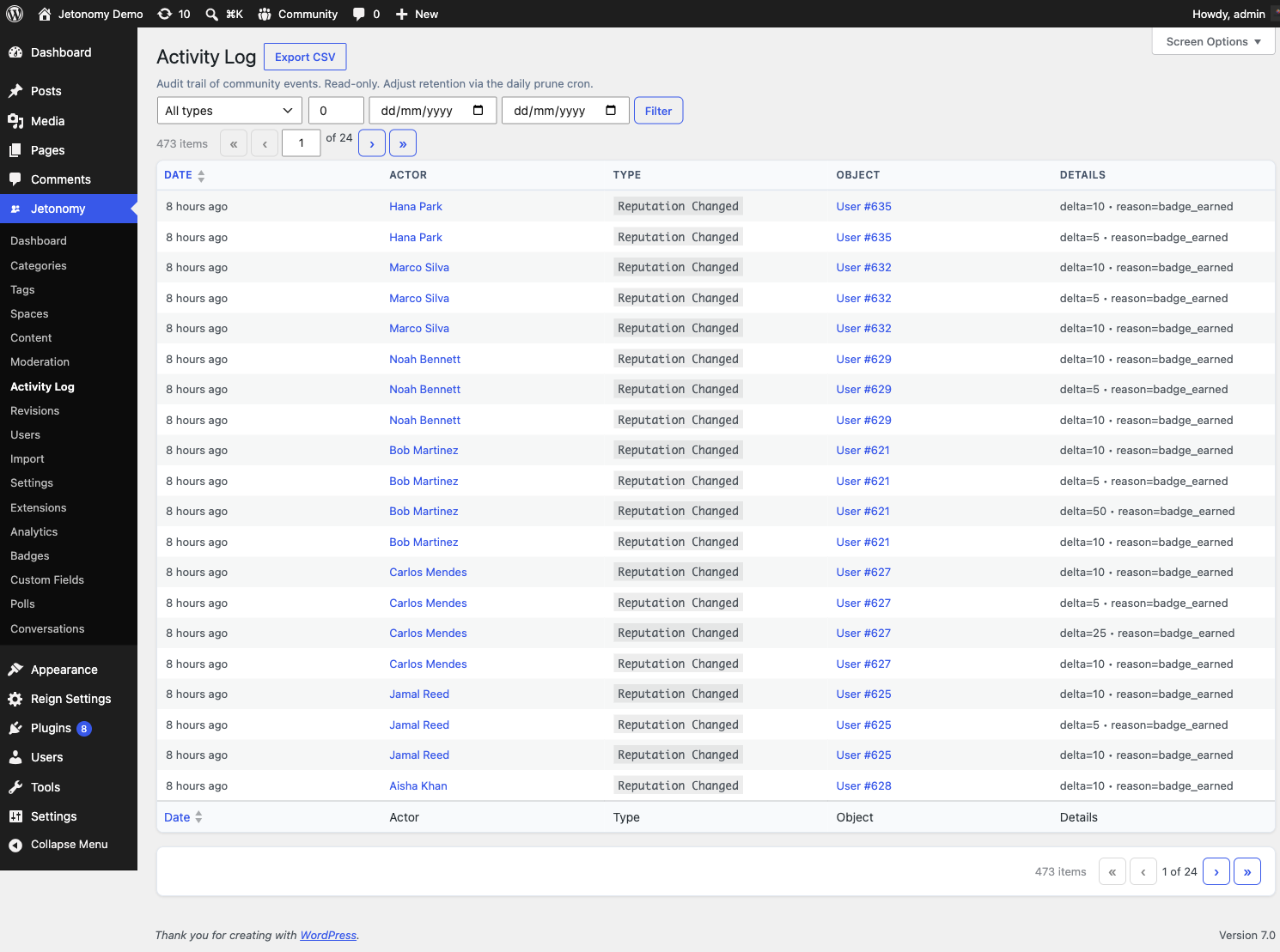 Activity Log admin page showing a filtered list of community events with user, type, and date-range filters