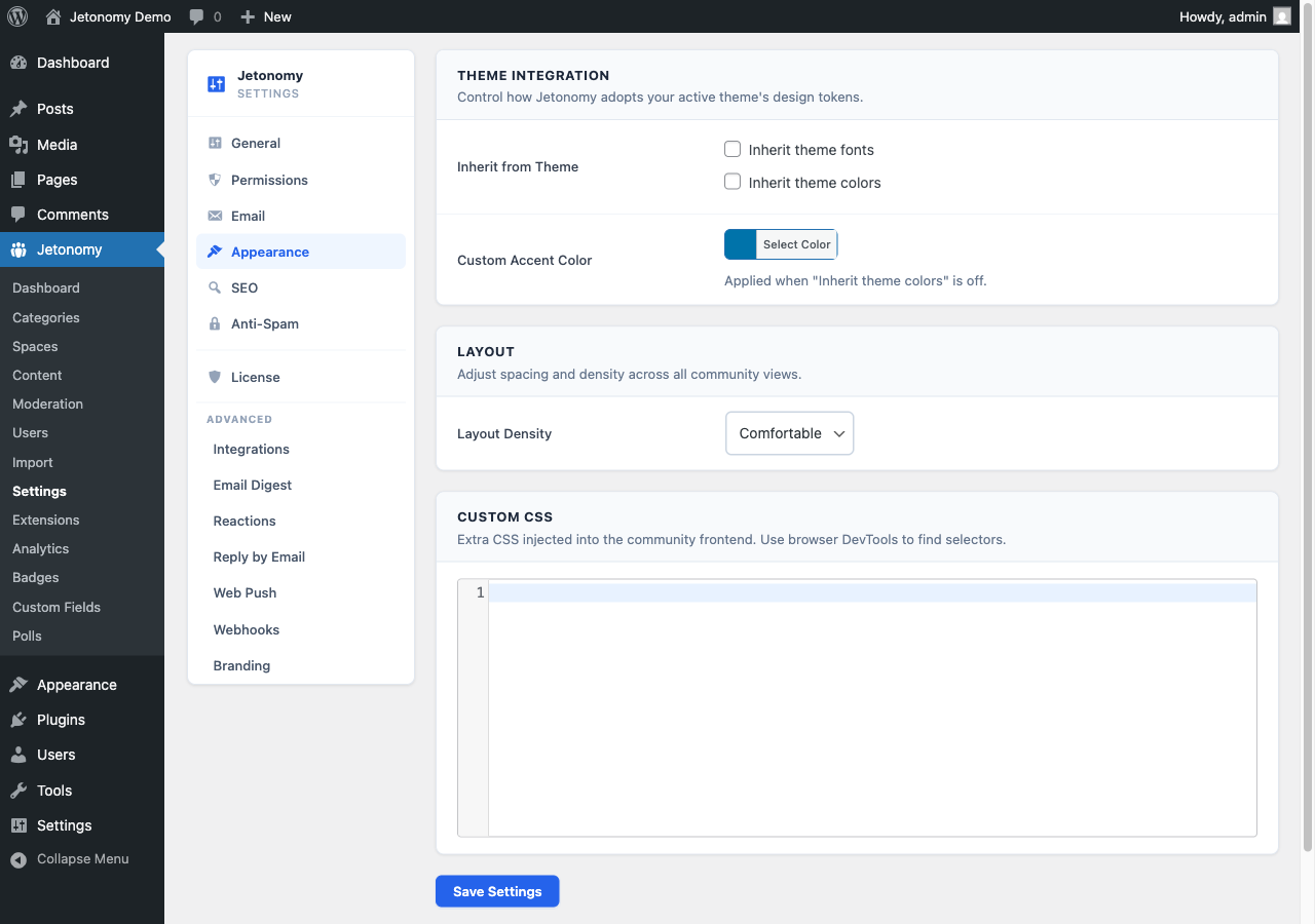 Appearance settings with accent color picker, font options, and layout density controls