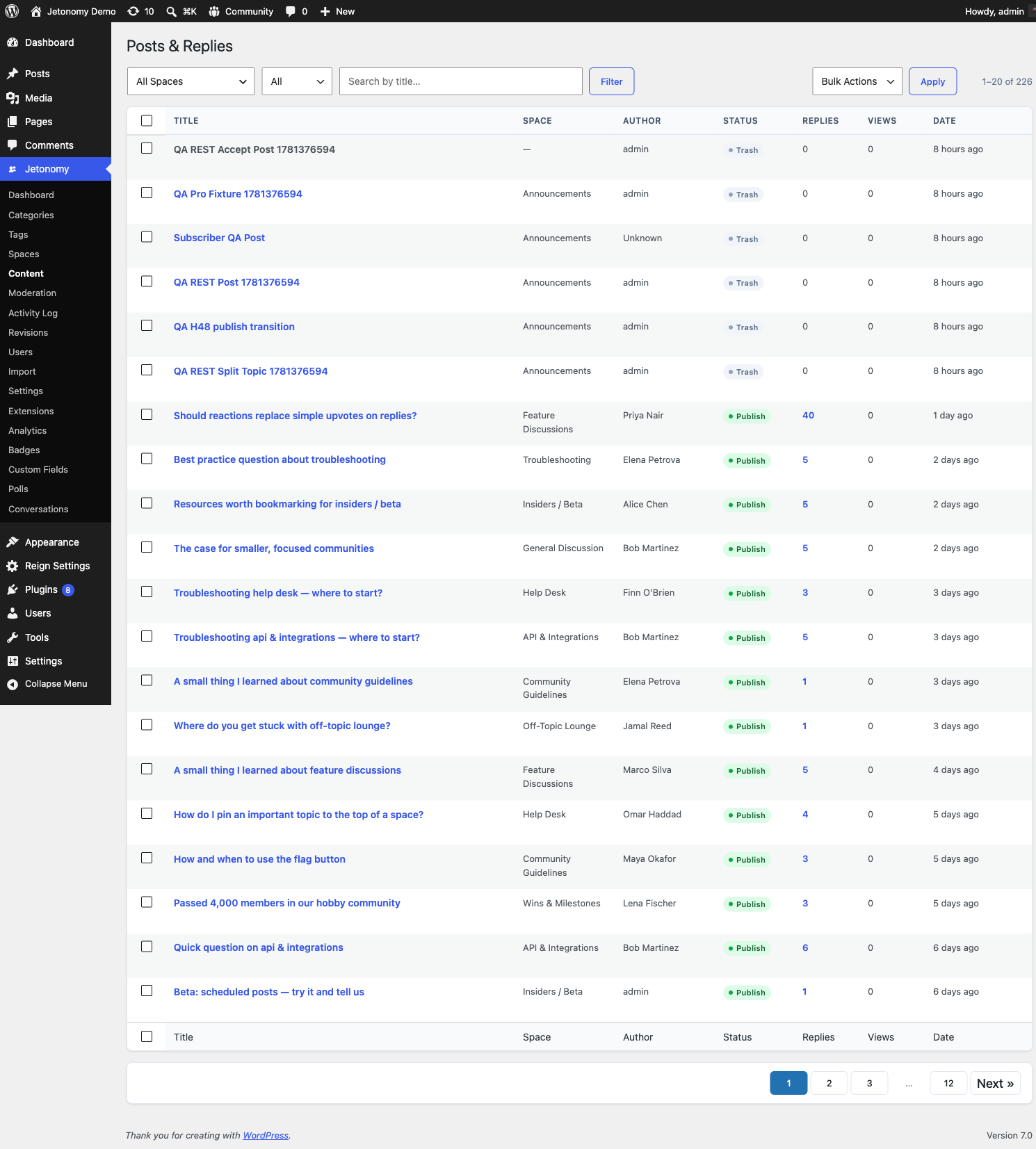 Posts and Replies admin screen showing the content list with the status filter and an inline edit panel open