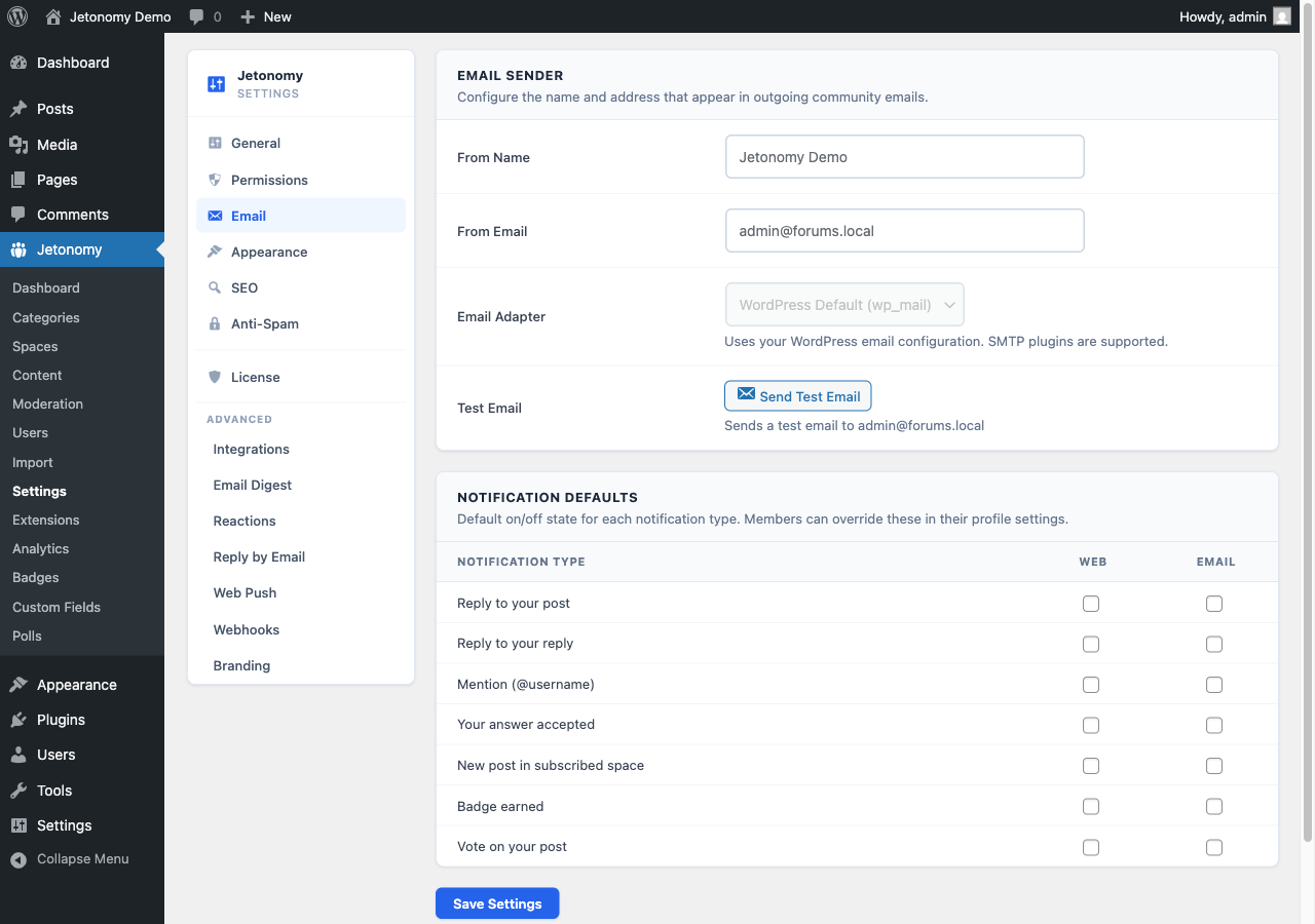 Admin email settings with notification toggles and sender configuration