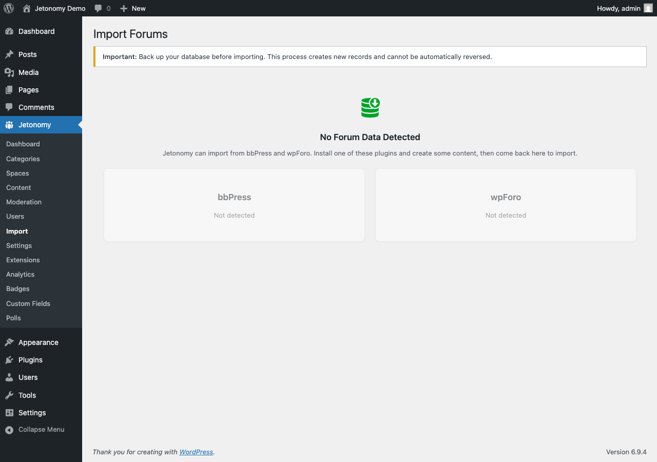 Import tool interface with source selection and progress tracking