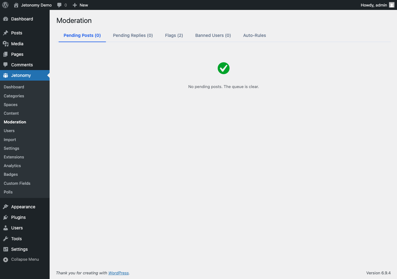 Moderation queue with pending posts and flags