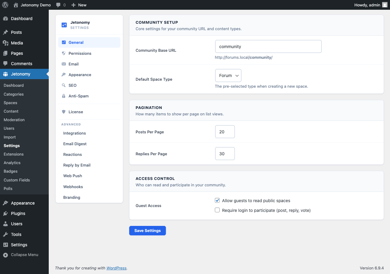Jetonomy settings panel with tabbed navigation